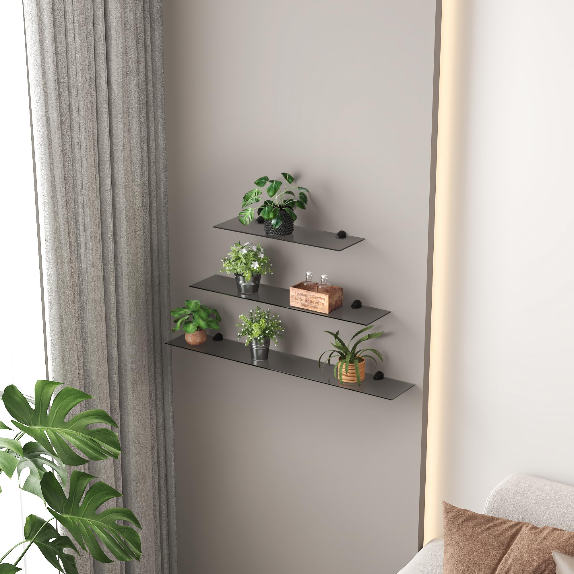 Euro Tische Glasregal Wandregal - Grau, 6mm Sicherheitsglas, Regal aus Glas, Glasablage, Glasboden inkl. Halterung