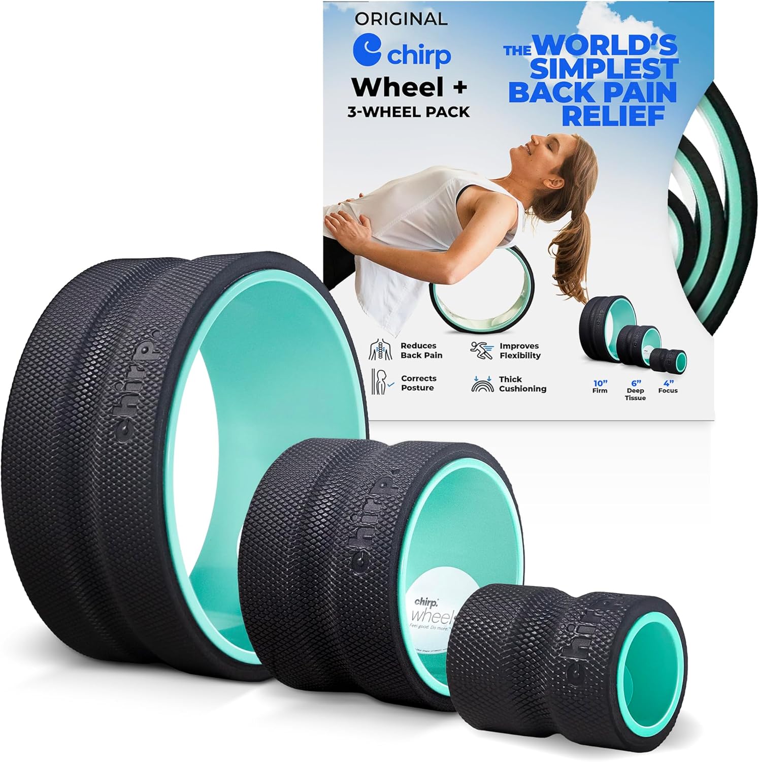Chirp Wheel Foam Roller – Targeted Back Foam Roller for Back Pain Relief, Deep Tissue Muscle Massage, Trigger Point Round High Density for Physical Therapy & Exercise, 3-Pack Mint