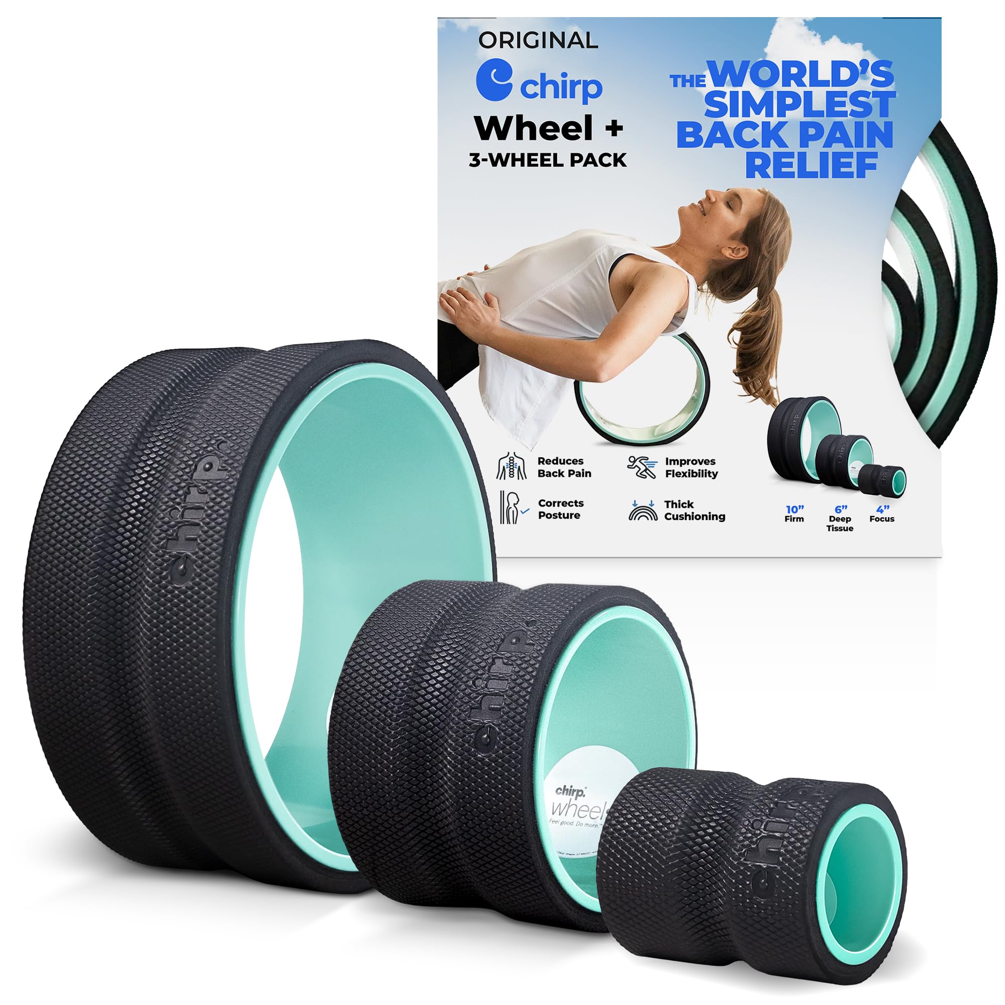 Chirp Wheel Foam Roller - Targeted Back Foam Roller for Back Pain Relief, Deep Tissue Muscle Massage, Trigger Point Round High Density for Physical Therapy & Exercise, 3-Pack Mint