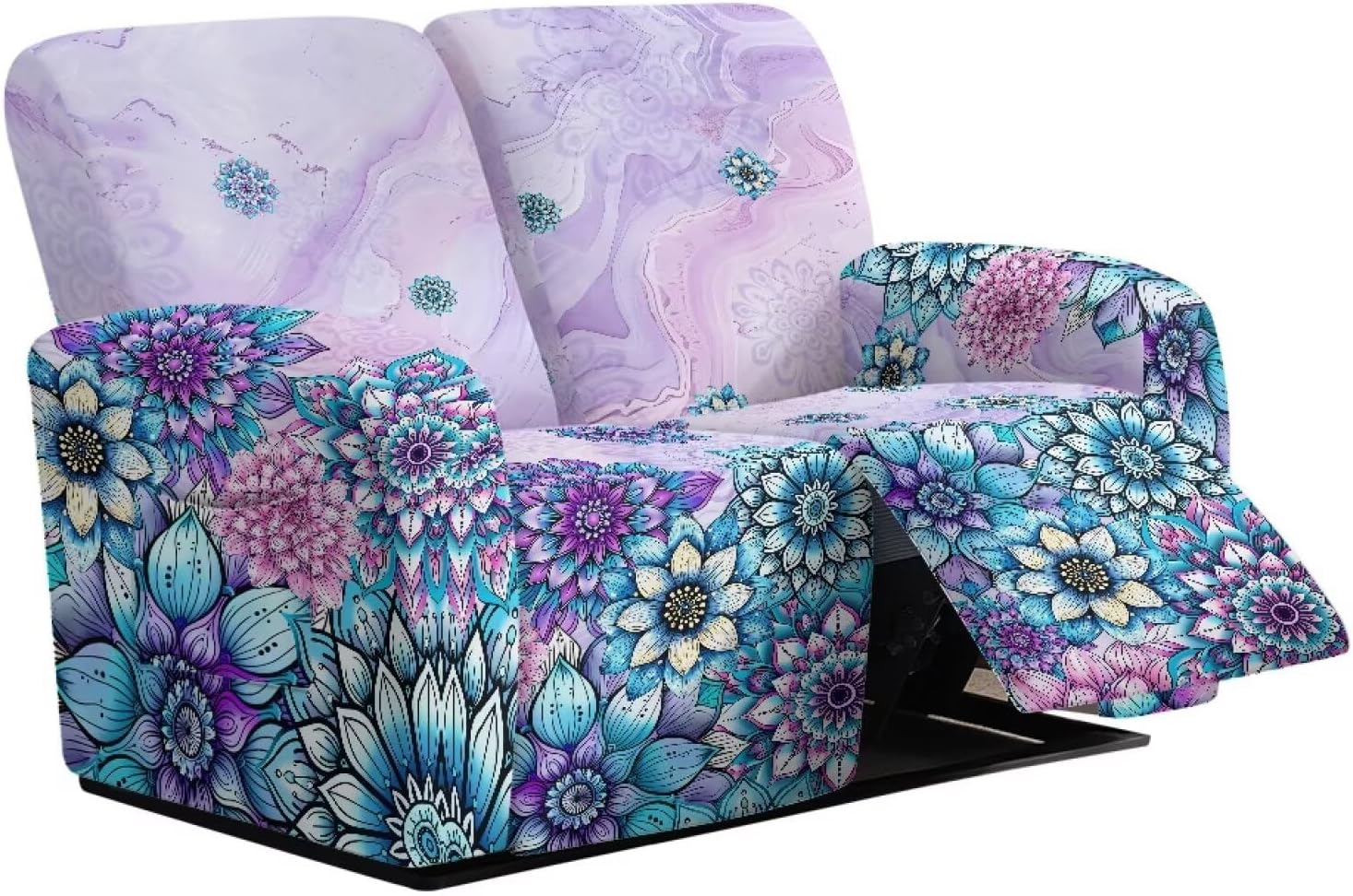 Suobstales Boho Mandala Marble Print Reclining Loveseat Slipcover, 6-Piece Velvet Stretch Loveseat Reclining Sofa Covers, 2 Seat Recliner Couch Washable Love Seat Slipcovers