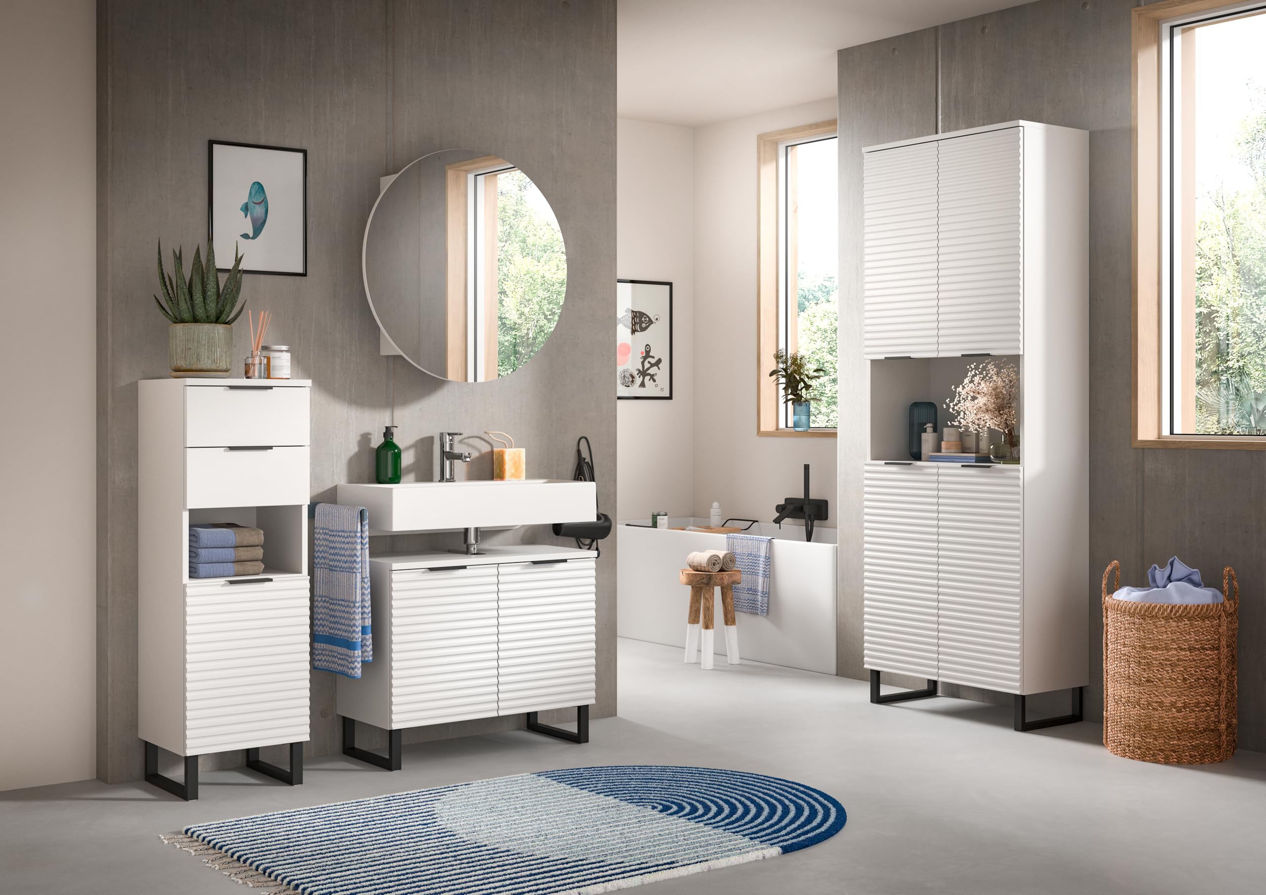xonox.home Badezimmer Riff 2tlg. Kombination Badmöbel Set kleine Bäder Komplettprogramm Bademöbel-Set in weiß Waschbeckenunterschrank Spiegelschrank rund