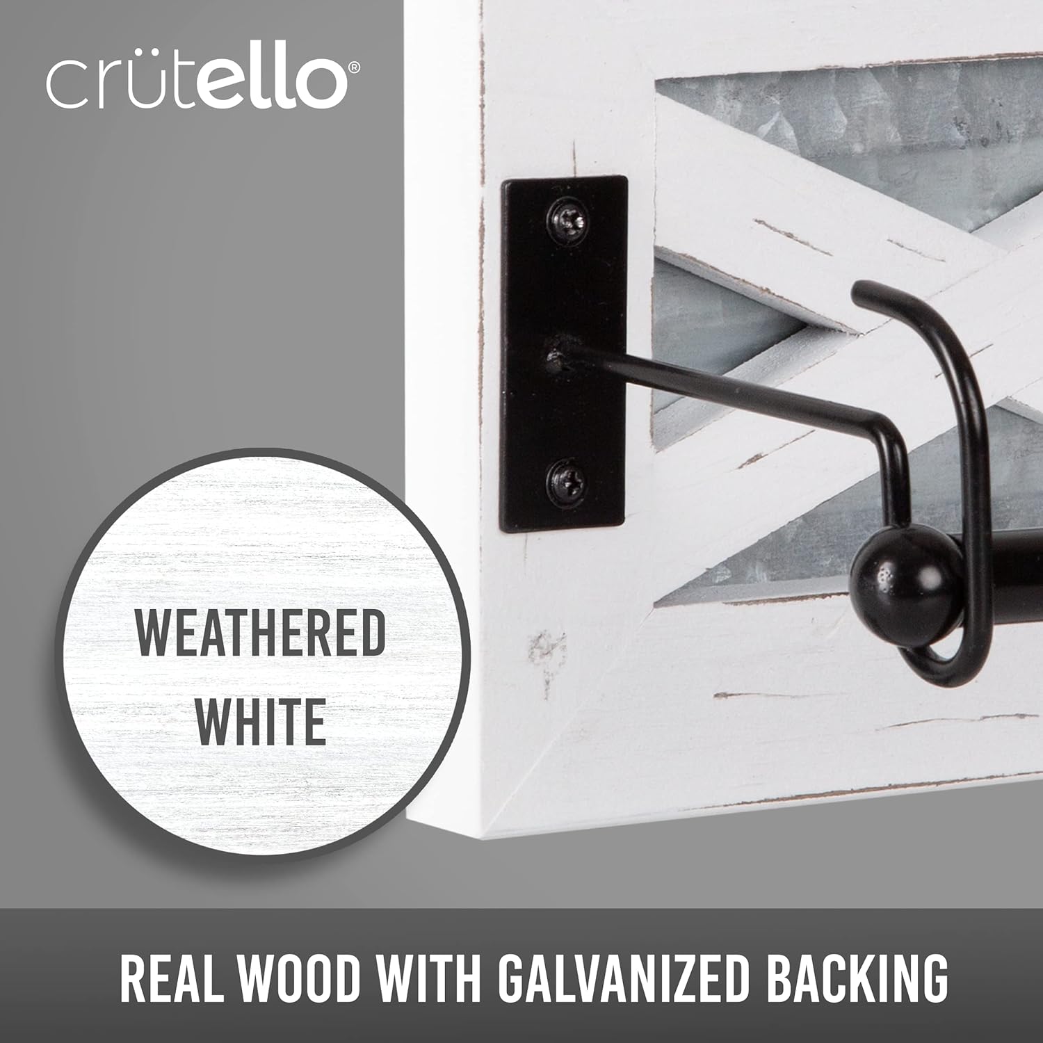 Crutello Rustic Towel Bar Toilet Paper Holder Set with Towel Ring for Bathroom- Wall Mounted Bathroom Racks - Weathered White Wood, Galvanized Backing & Black Metal Bar, Farmhouse Decor
