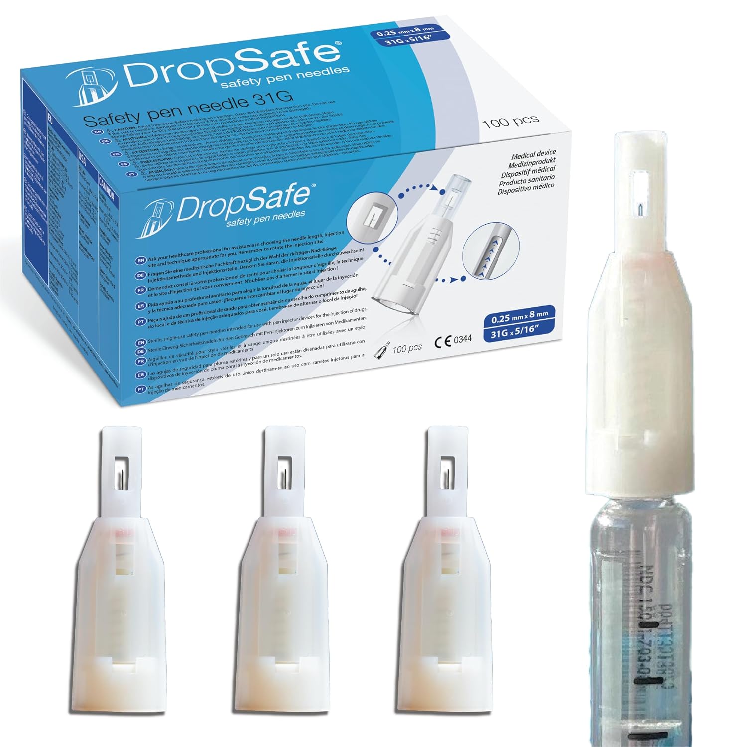 DropSafe Safety Pen Needles 31G x 8mm, 100ct Box, Sterile Needles with