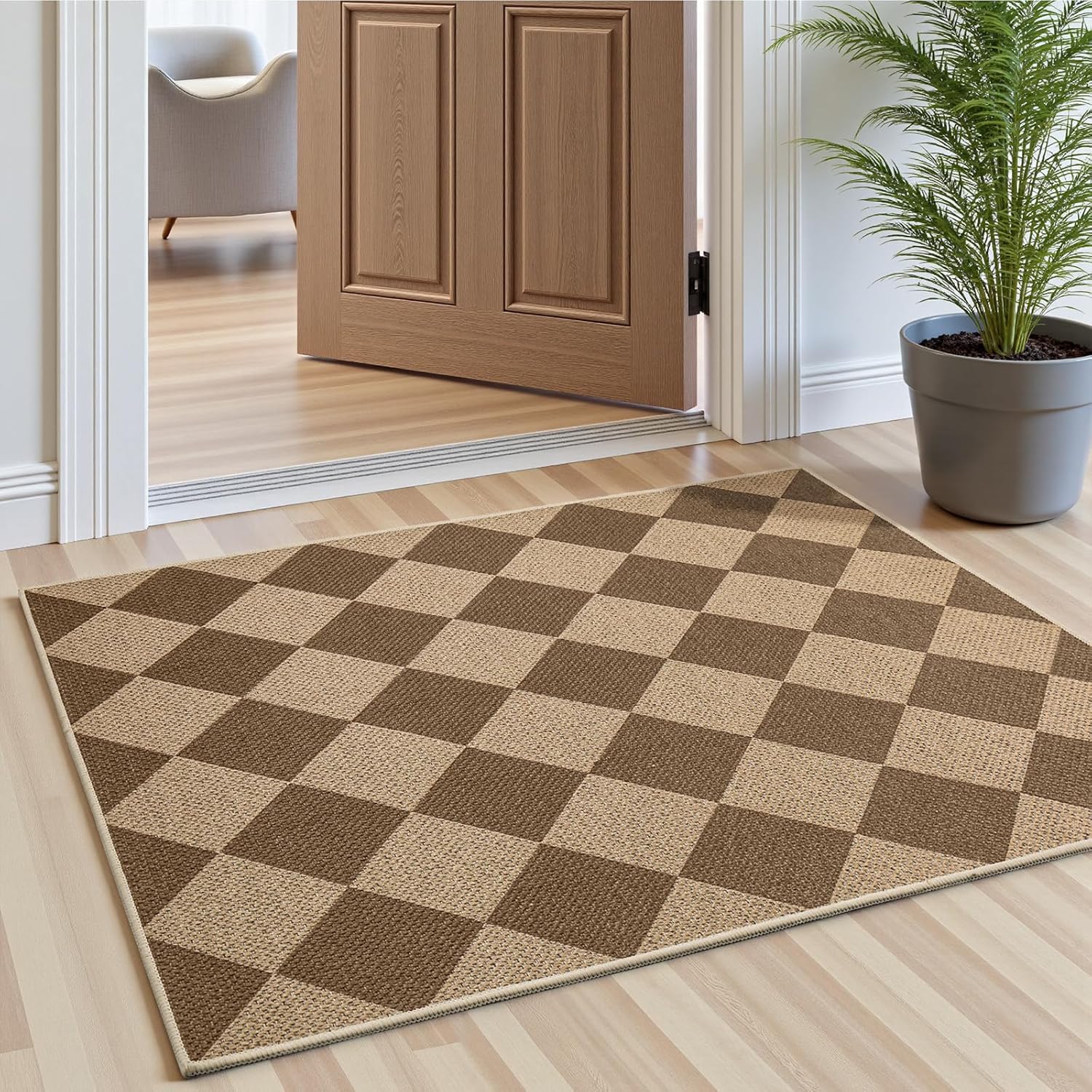 EDIMENS Checkered Easy Jute Rug Entryway Rug, 2x3 Front Door Mat Small Entryway Non-Slip Washable Area Rug, Farmhouse Low Pile Brown Indoor Outdoor Doormat for Entrance Entry Porch Doorway