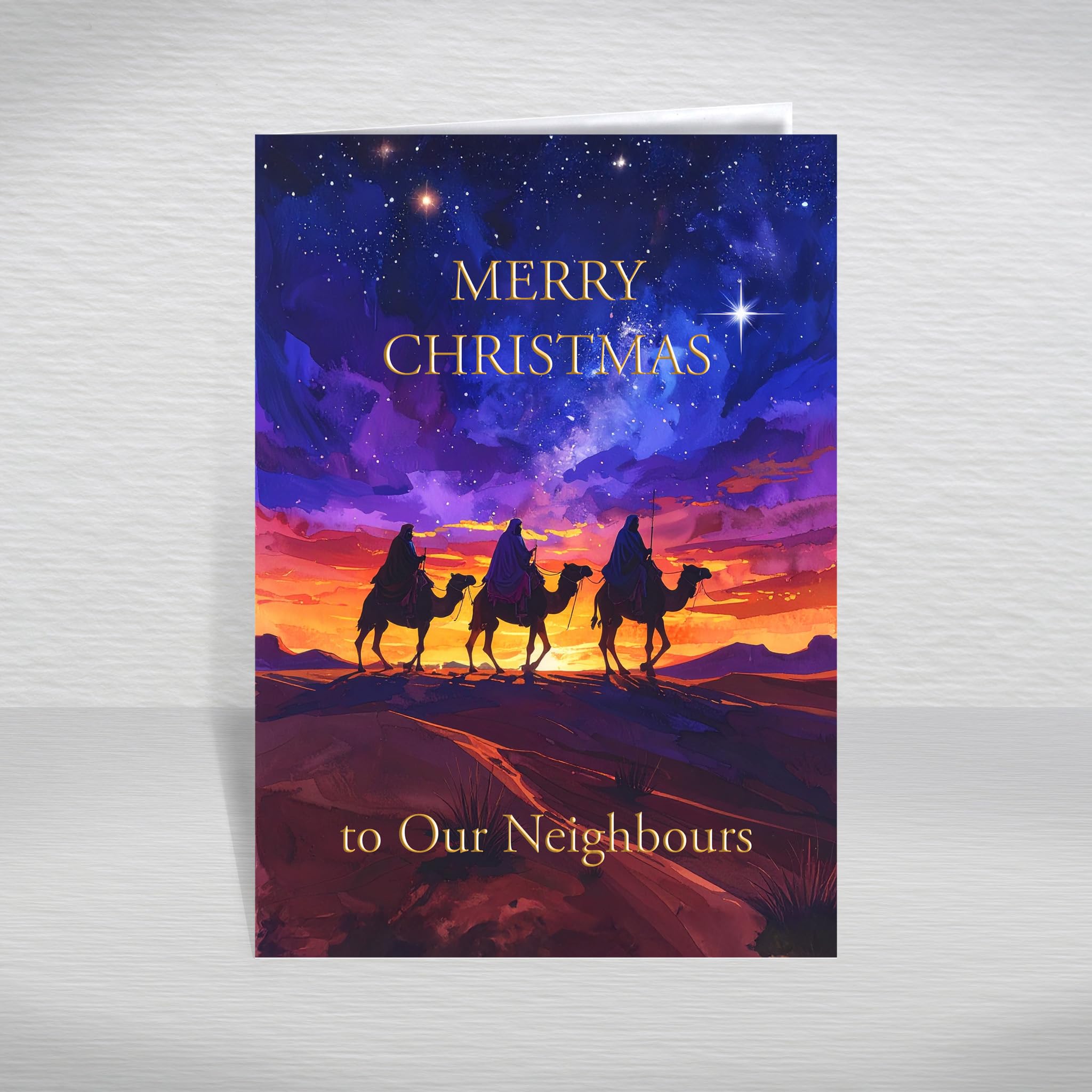 Religious Christmas Card for Neighbours, Next Door – Christian/Catholic Theme of Three Wise Men Following the Star to Bethlehem, A5 Luxury Greeting with Verse: Neighbours Christmas Card — image 1