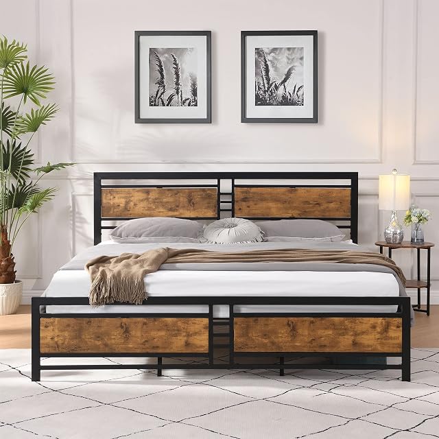 Modern King Size Metal Platform Bed Frame with Wood Headboard Heavy Duty Mattress Foundation with Slat Support Easy