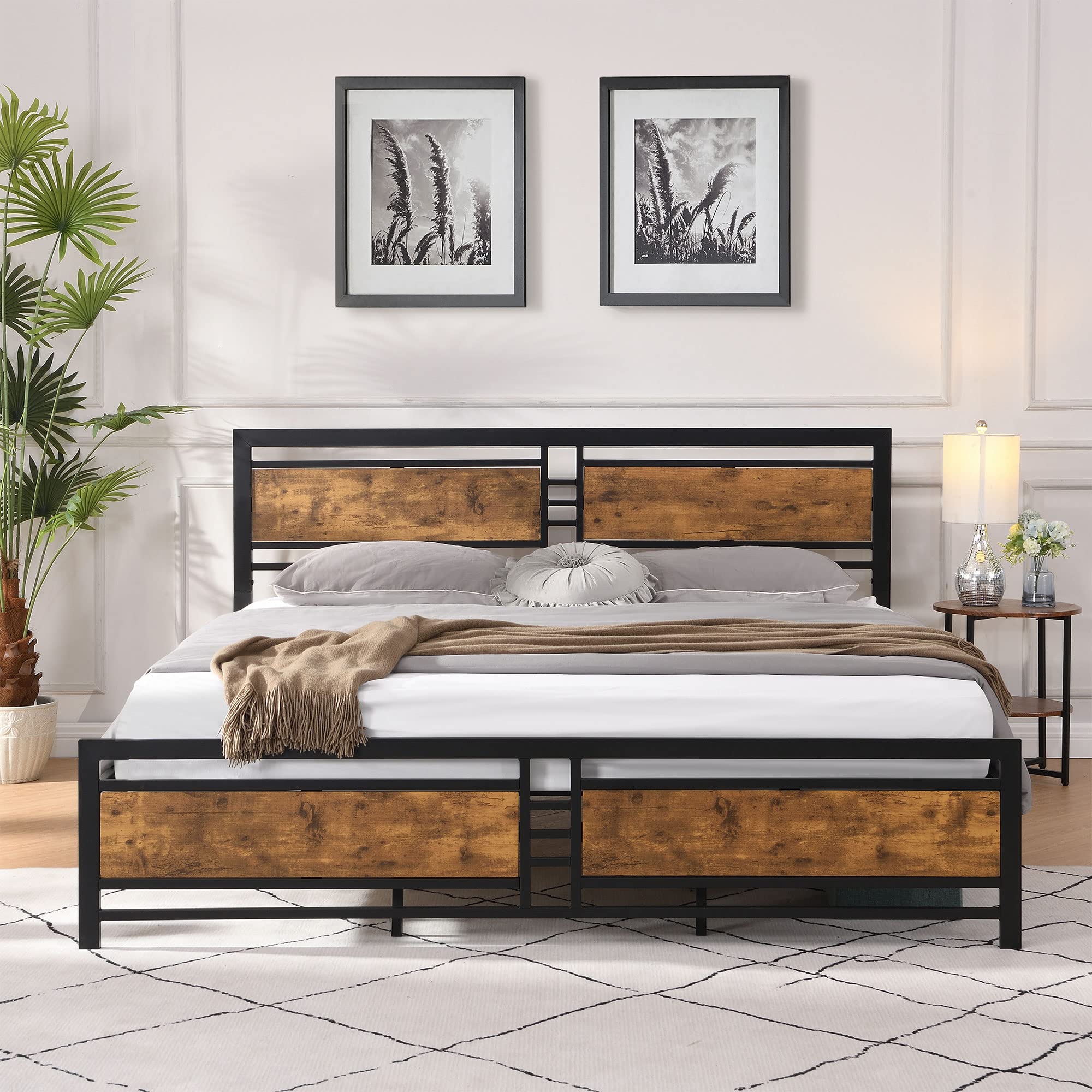 Modern King Size Metal Platform Bed Frame with Wood Headboard Heavy Duty Mattress Foundation with Slat Support Easy