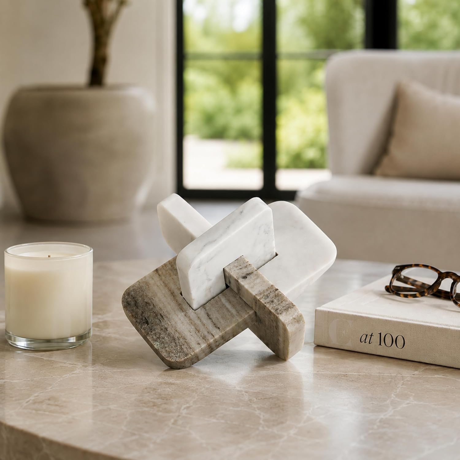 Knot Sculpture for Home Decor - Marble Accent for Book Shelf, Bedroom Vanity, Kitchen, and Bathroom - Modern Stone Knot Desk Accessory Display for Living Room Centerpiece and Small Office - 9", White