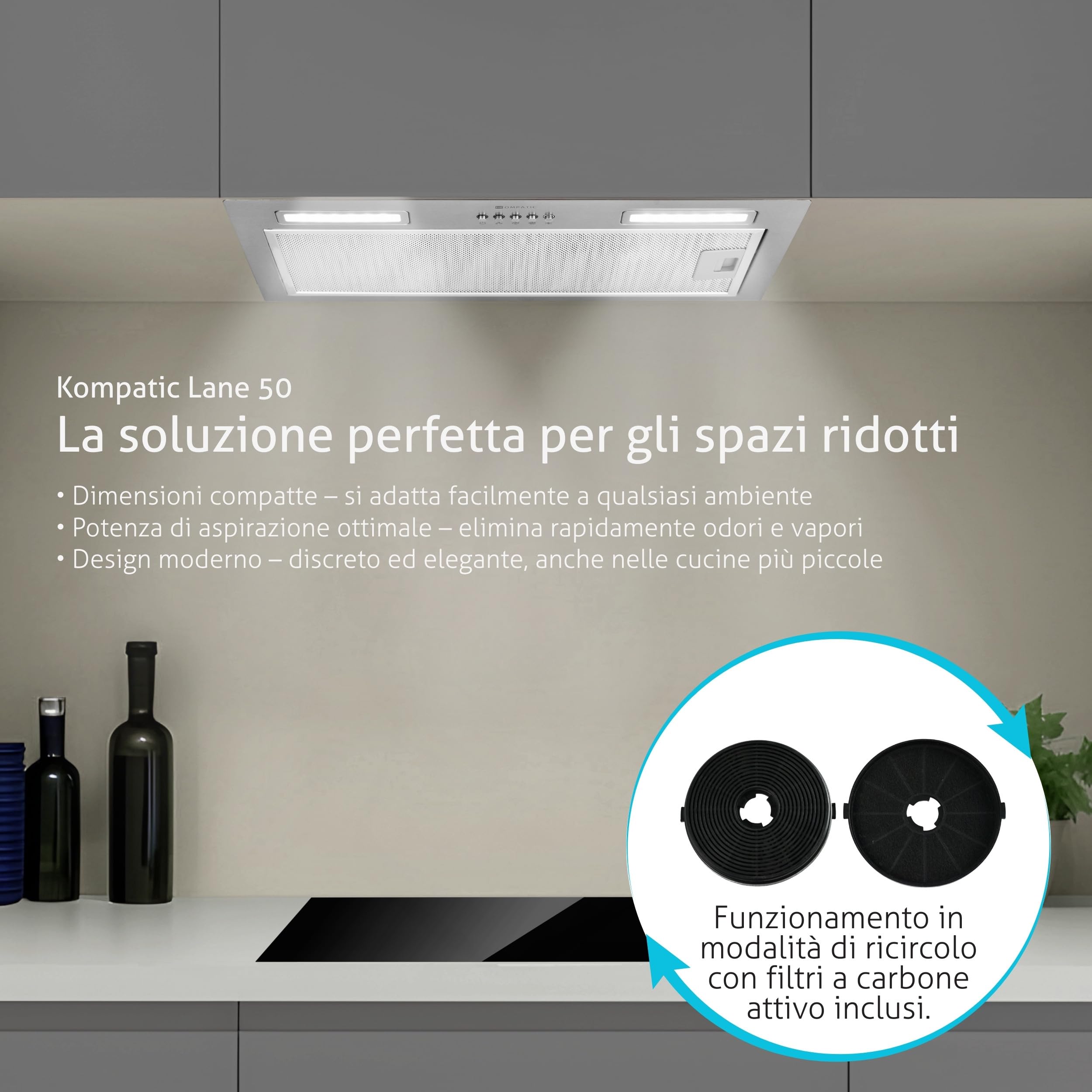 Lane 50 KLN50SI Cappa Aspirante Incasso, A+++, 50 cm, 450 m³/h Filtri a Carbone Inclusi KCF4, Modalità Ricircolo o Estrazione, Controllo elettronico, Timer, LED, 3 velocità + boost,Inox