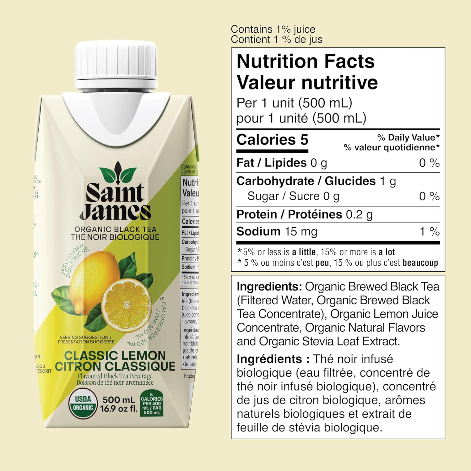 Saint James Organic Black Tea, Classic Lemon, Zero Sugar, Kosher, USDA Certified Organic, 16.9 Fluid Ounce (Pack of 12) - Image 2