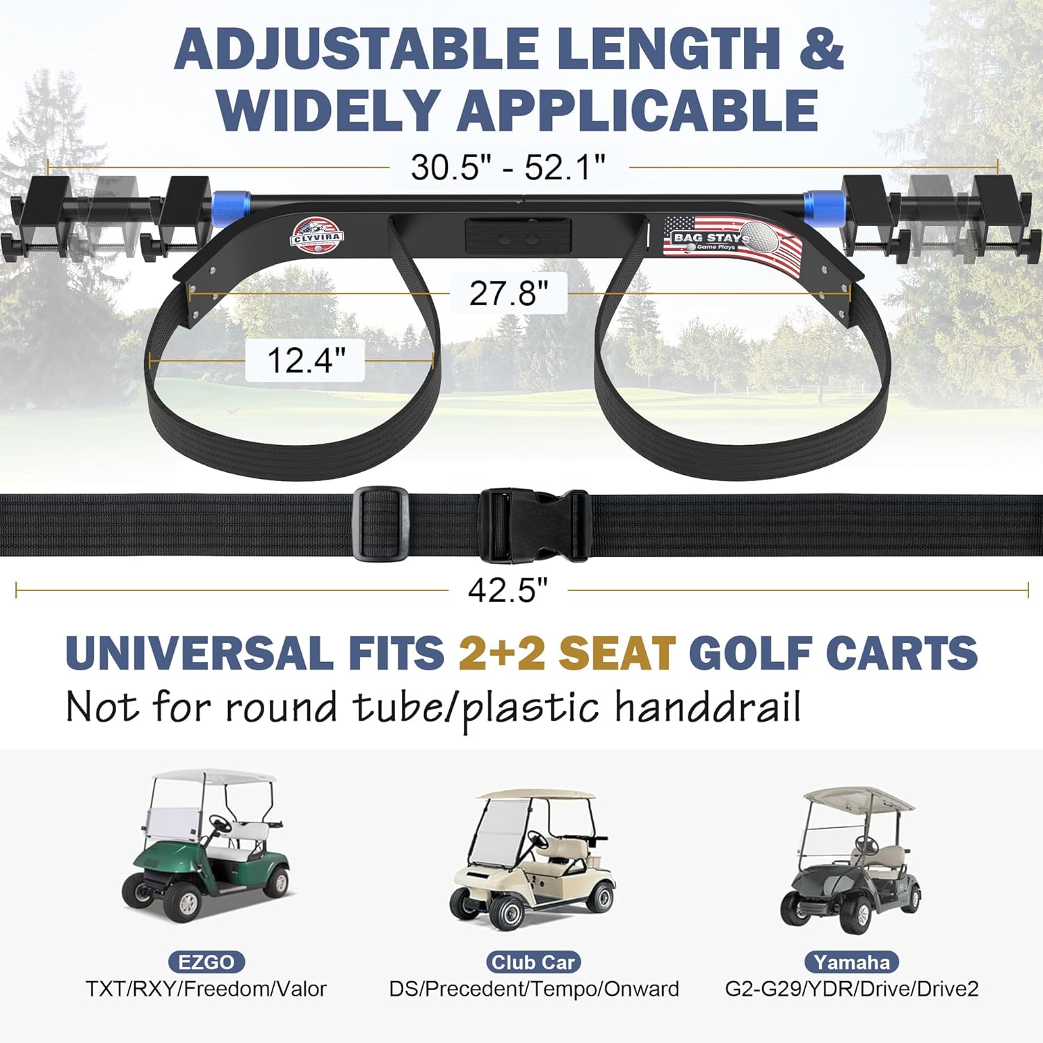 Golf Cart Bag Holder Bracket – Lightweight & Sturdy, No Drilling Required, Adjustable Attachment for EZGO, Club Car, Yamaha 2+2 Rear Seats with 1-Inch Square Tube