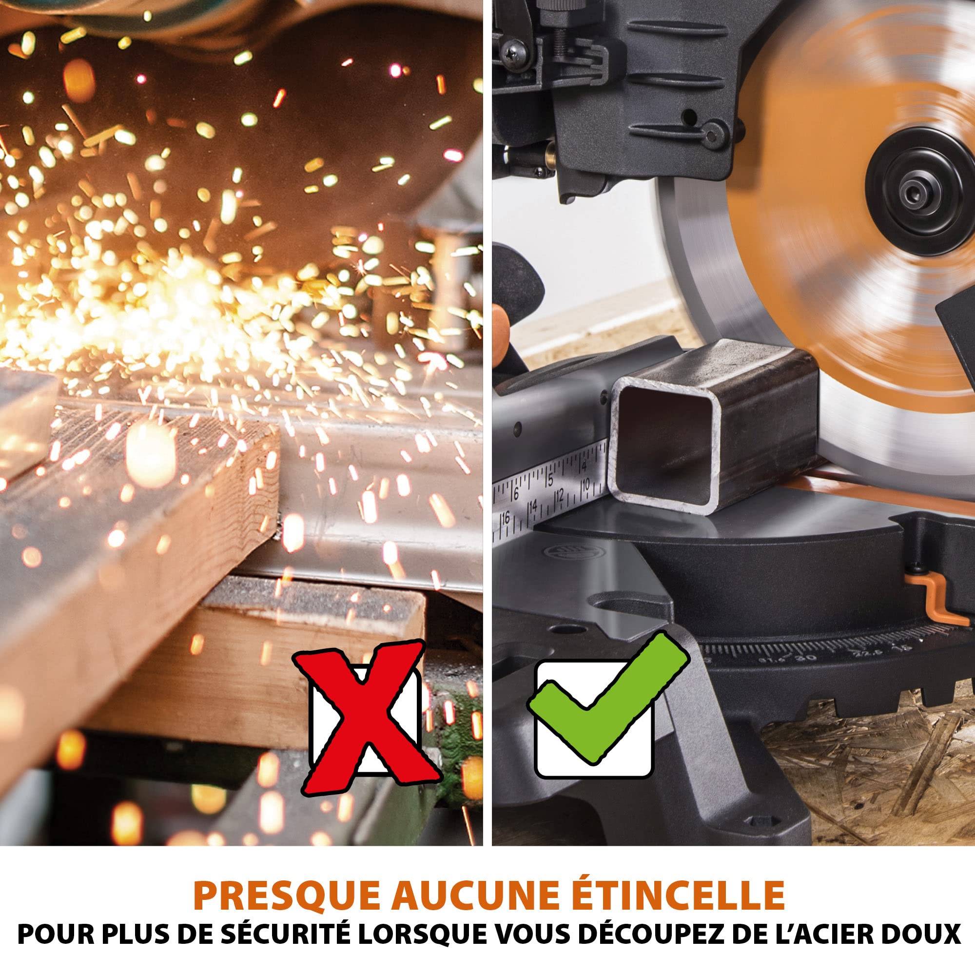 Evolution Power Tools Scie à Onglet Coulissante 255mm R255SMS-DB+ Double Biseau 45-45° Onglet 50-50° Coupe Multi-Matériaux