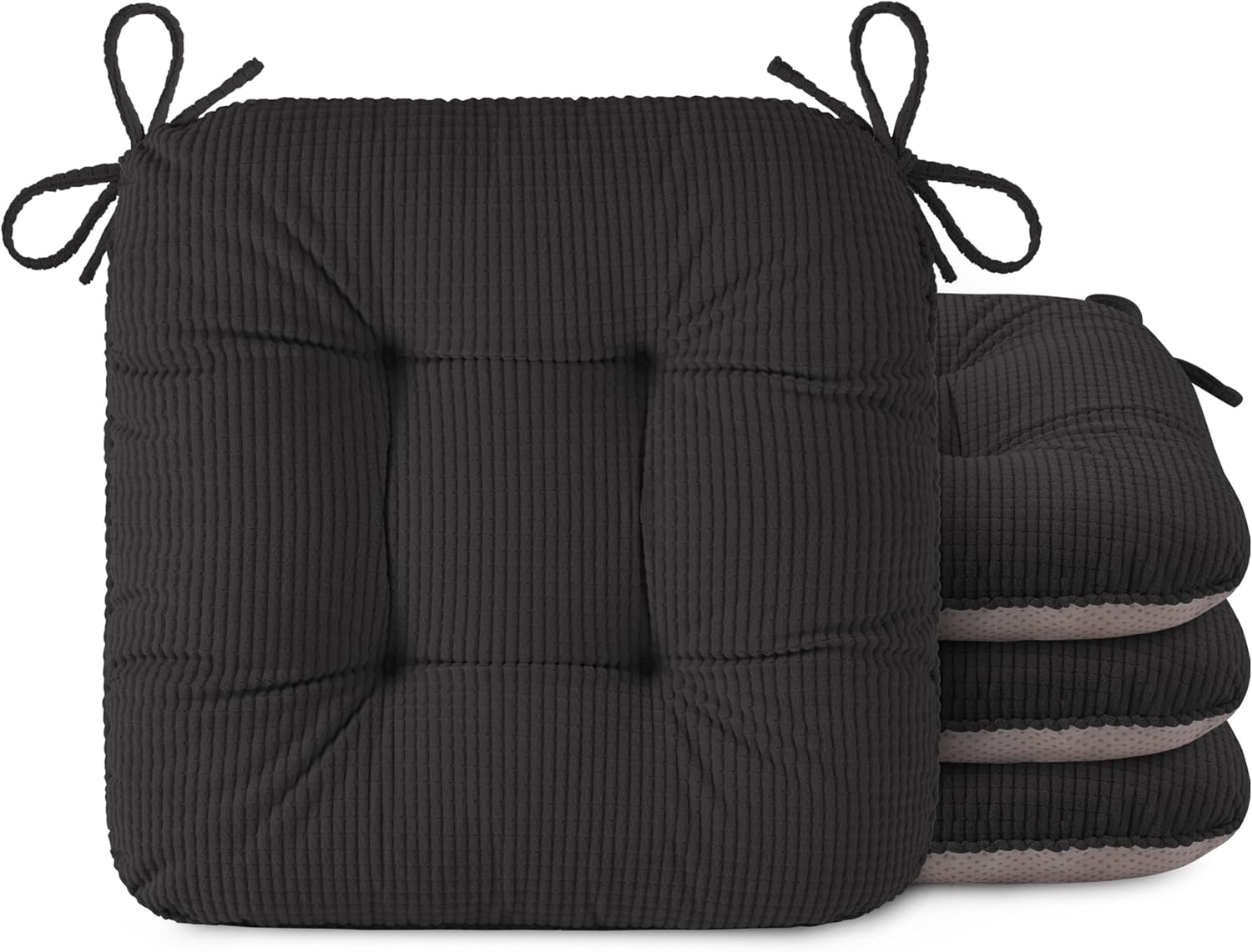 OVOV Chair Cushions for Dining Chairs Set of 4 17x16 Chair Cushion with Ties and Non-Slip Backing Tufted Thick Kitchen Chair Pads Made of Soft Fabric (Dark Grey)