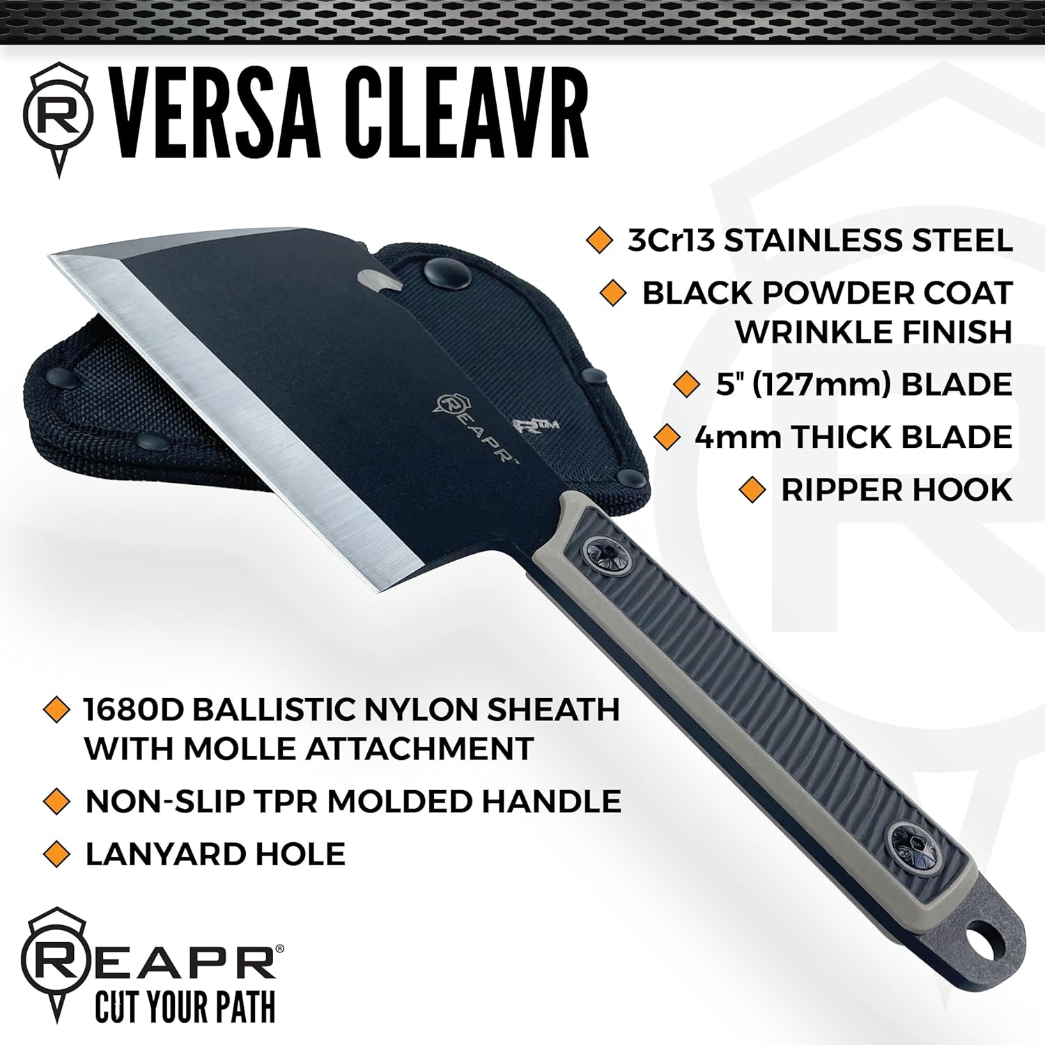 Reapr Versa Cleavr 5″ Fixed Blade Cleaver Knife with Sheath – 420 Stainless Steel, Full‑Tang, Plain Edge