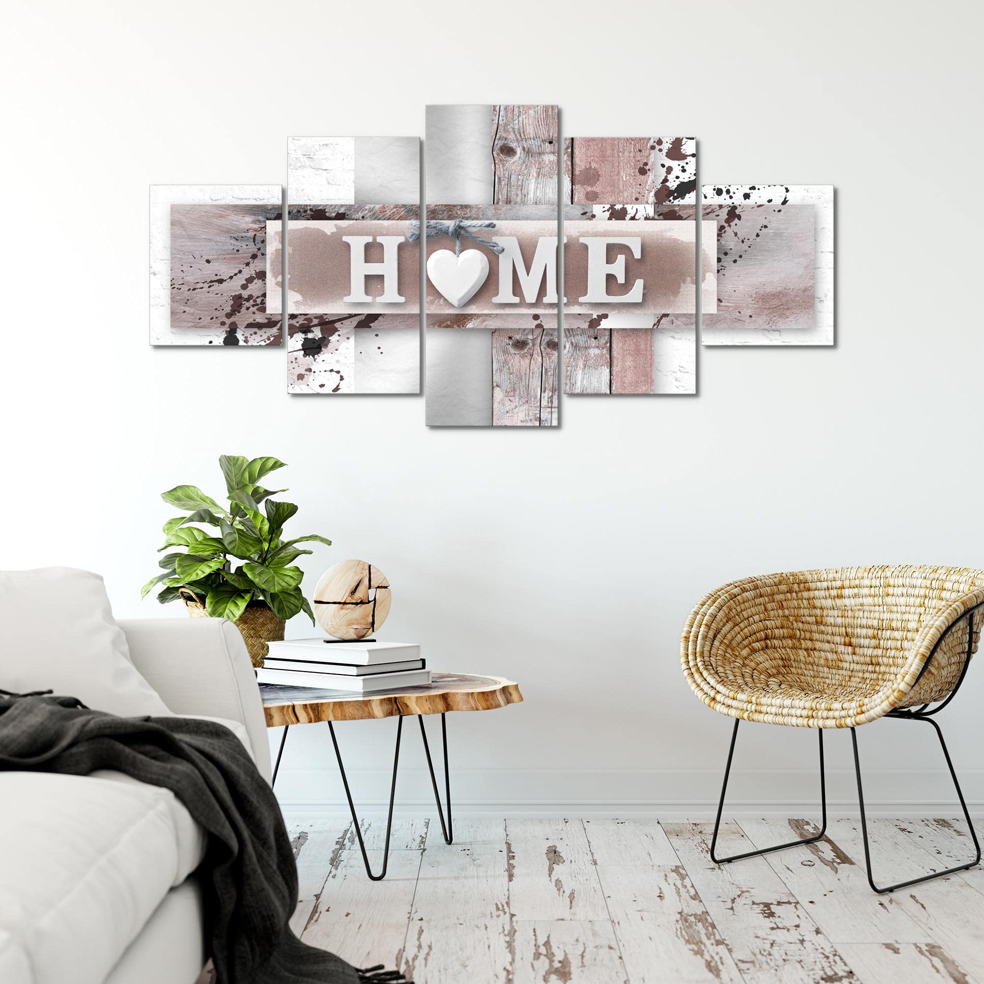 Runa Art - Quadri Home Cuore 200 x 100 cm 5 Pezzi XXL Decorazione Murale Design Rosa Grigio 504551b