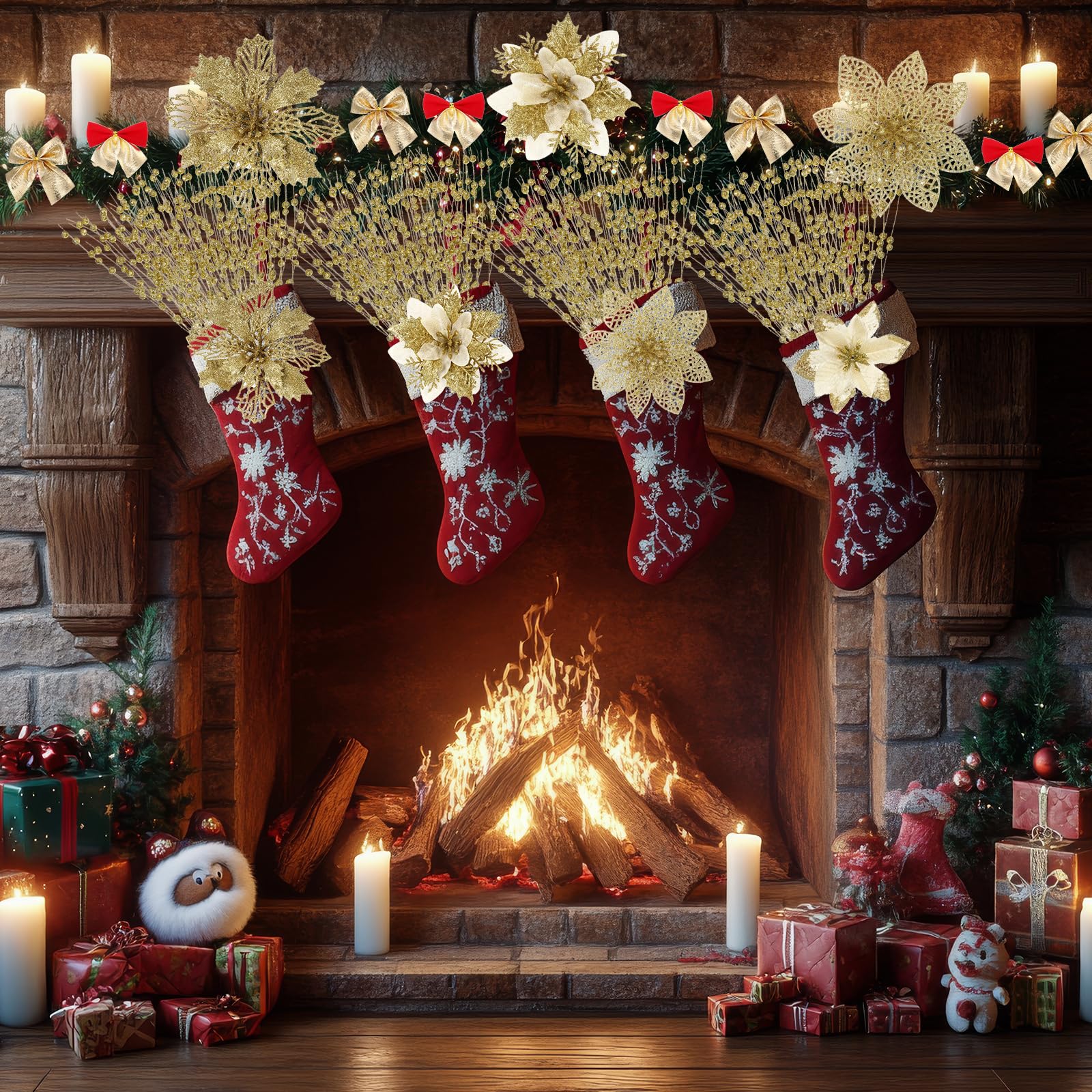 Leumoi 54 Stück 4 Stile Weihnachtssterne künstliche Beeren Picks Weihnachtsbaum Ornamente Kit Glitzer Blumen mit Schleifen, Stielen, Clips, Floral Weihnachtsdekorationen für Kranz Kamine (Gold)