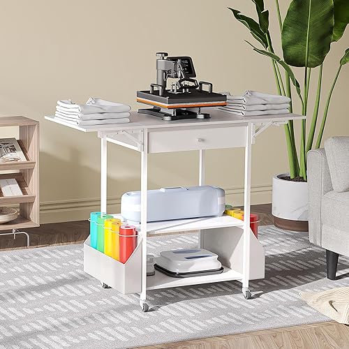 Miniatura 7 de Crafit Crafit - Mesa de prensa de calor móvil con bandeja extraíble, soporte de prensa de calor plegable de 4 niveles con estación de carga para