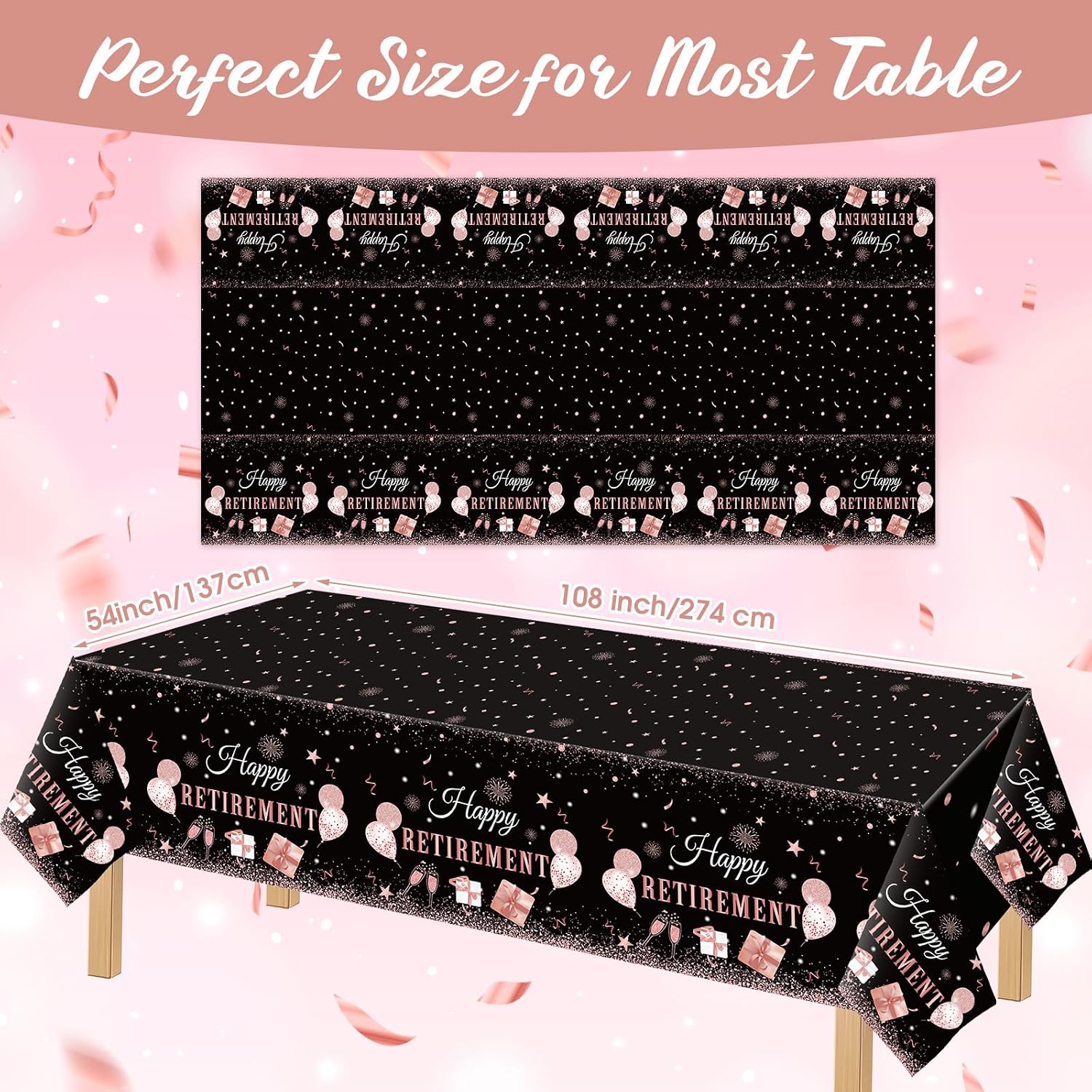 Ganeen 3 Pcs Retirement Party Decorations Happy Retirement Tablecloths Rose Gold Disposable Plastic Table Cover Waterproof Table Cloth for Men Women Coworker Say Goodbye Party Supplies, 54 x 108 Inch