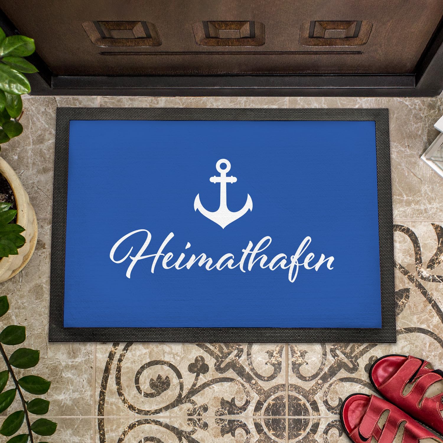 Personalisierte Fußmatte Heimathafen | Maritime Schmutzfangmatte für innen und außen | mit Wunschnamen Bedruckt | für Wohnungstür Haustür Eingangstür | Geschenkidee für Paare zum Einzug | 75 x 50 cm