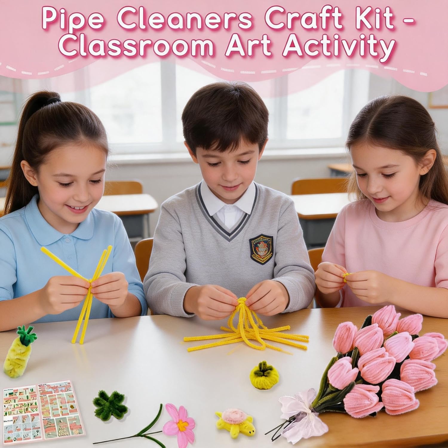 Pipe Cleaner Flower Kit, Soft Fluffy Handmade Flower Pipe Cleaner Kit with Floral Tape, Floral Stems & Stamen, Versatile Pipe Cleaners Craft for Graduation Gifts for Classroom Crafts