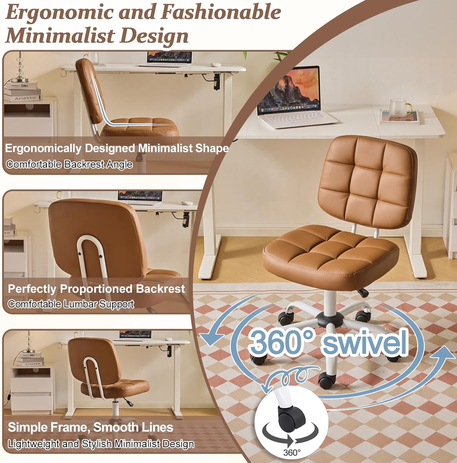 VINGLI Compact Small Desk Chair, Cute Armless Chair with Wheels, Vanity Chair with Low Back, Height Adjustable Task Chair for Small Spaces, Office, Bedroom, Make Up Room, PU Leather, Brown