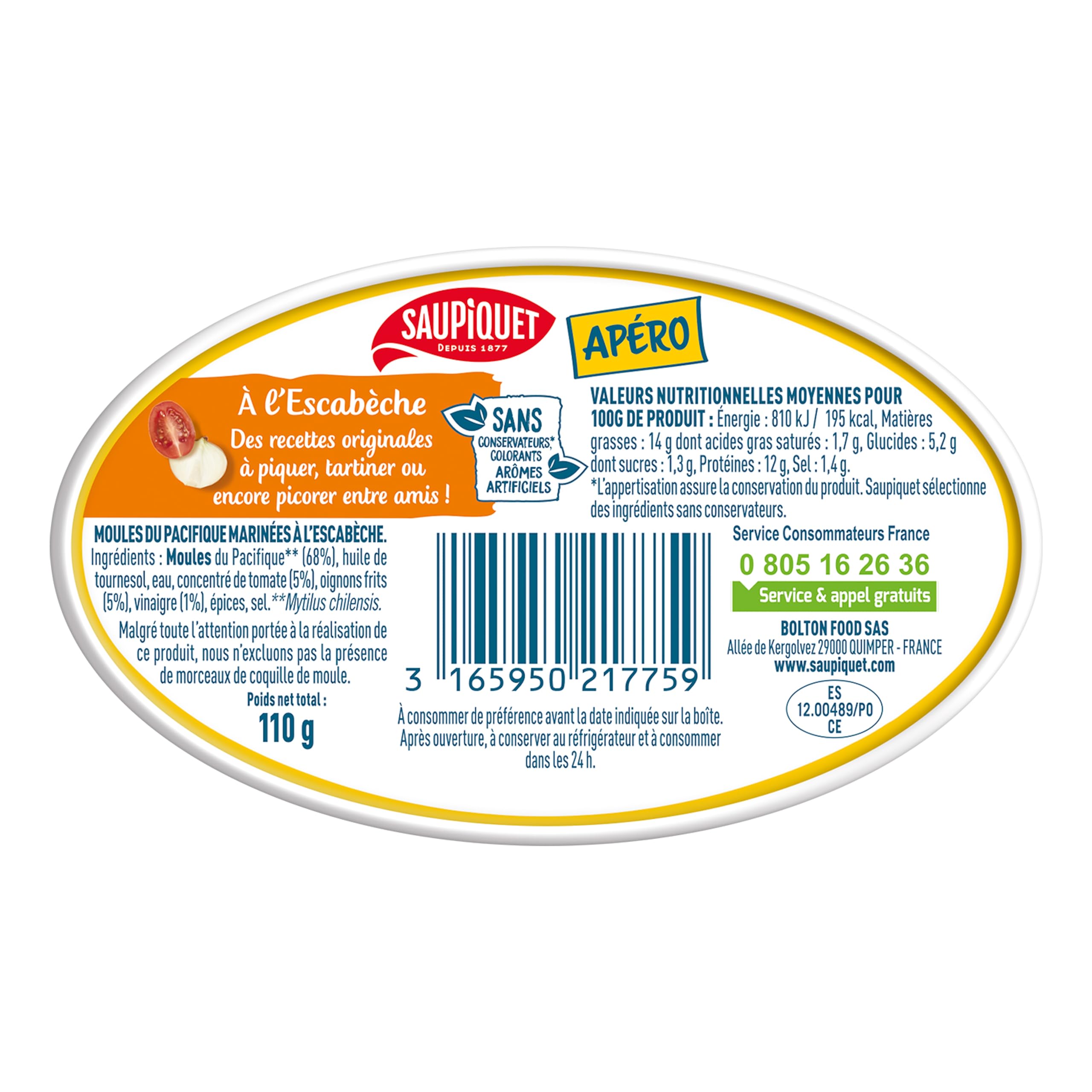 SAUPIQUET - Moules à la Sauce Escabèche - Idéal Apéritif, à picorer, à piquer - Sans conservateurs, colorants ni arômes artificiels - 12 Conserves (110 g)