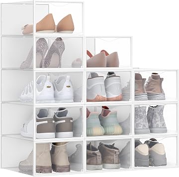 SONGMICS 12 pcs Clear Shoe Boxes, Easy Assembly, Fit up to UK Size 9, White