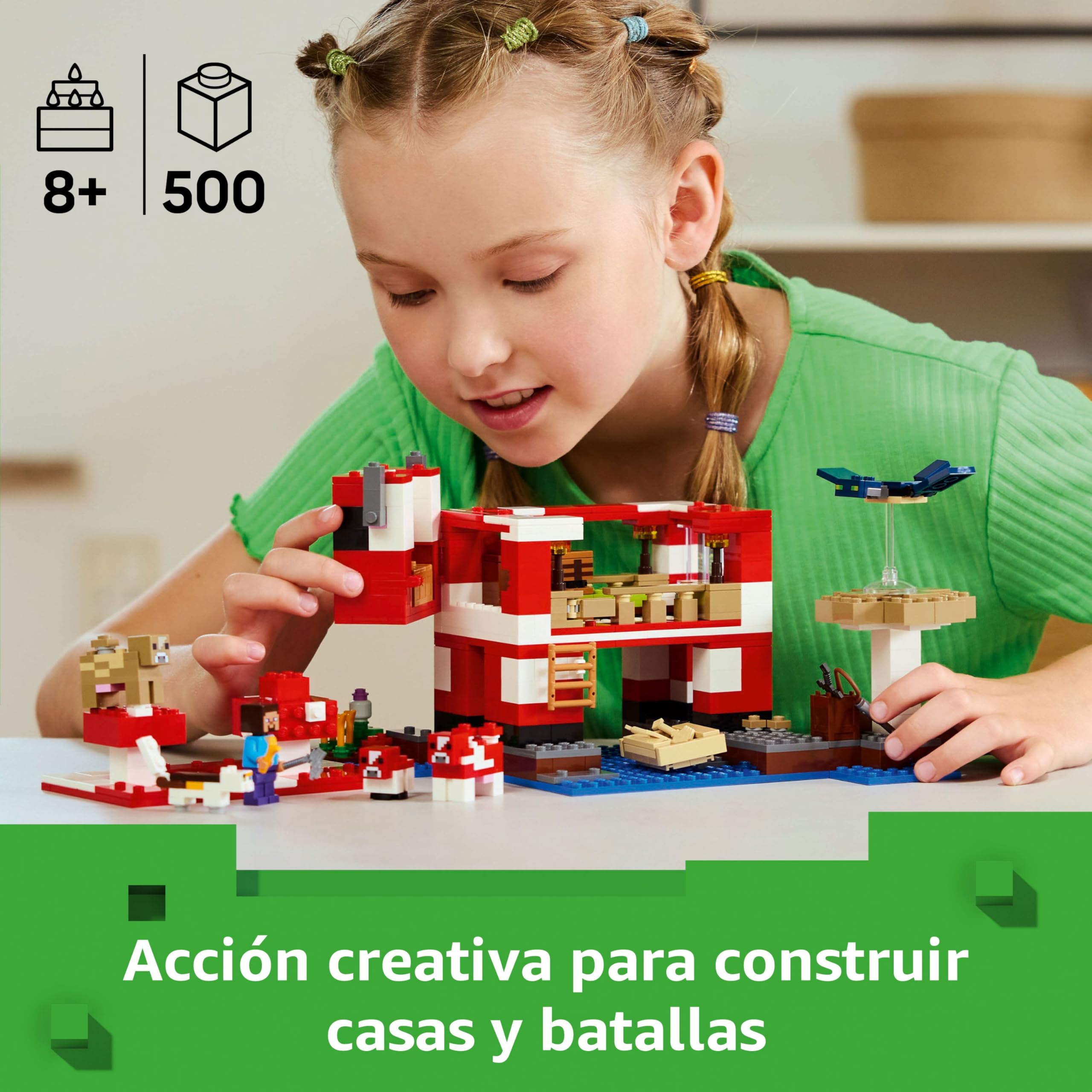 LEGO Minecraft La Casa-Champiñaca de Juguete - Kit de Construcción con Figura de Steve, Criaturas, Mesa de Trabajo y Granja de Juguete - Regalo Gamer para Niños y Niñas de 8+ Años 21270