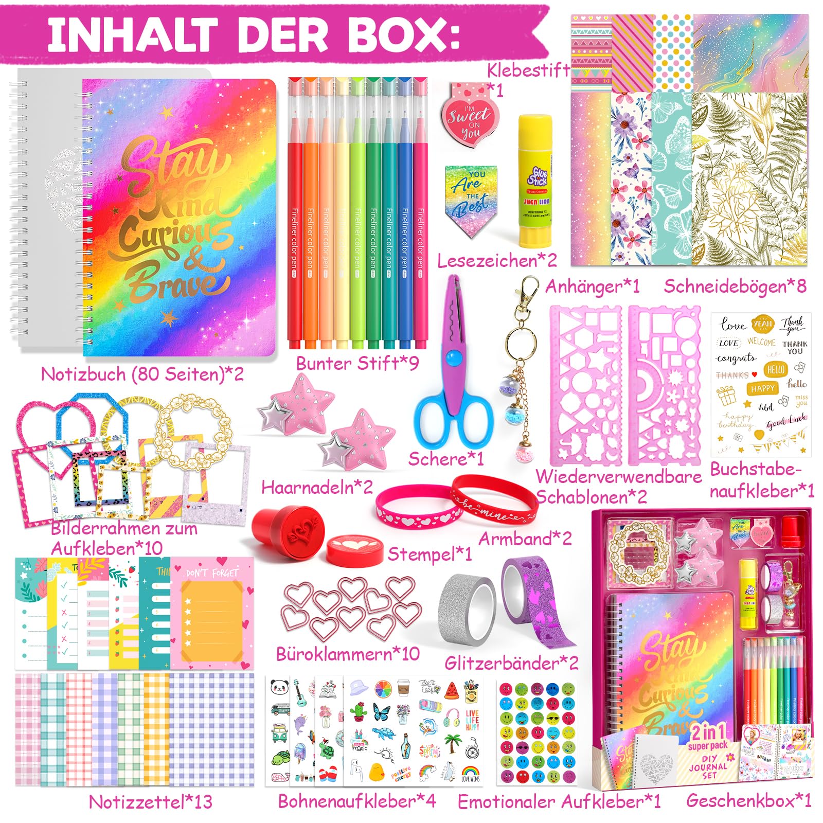 2-Pack Mega DIY Tagebuch Set Mädchen, Tagebuch Geschenk ab 8 9 10 11 12 13 14 Jahre Mädchen, Schulsachen und Scrapbook Set für Teenagermädchen, Kreative Geschenke für 8-14 Jahre Teenagermädchen