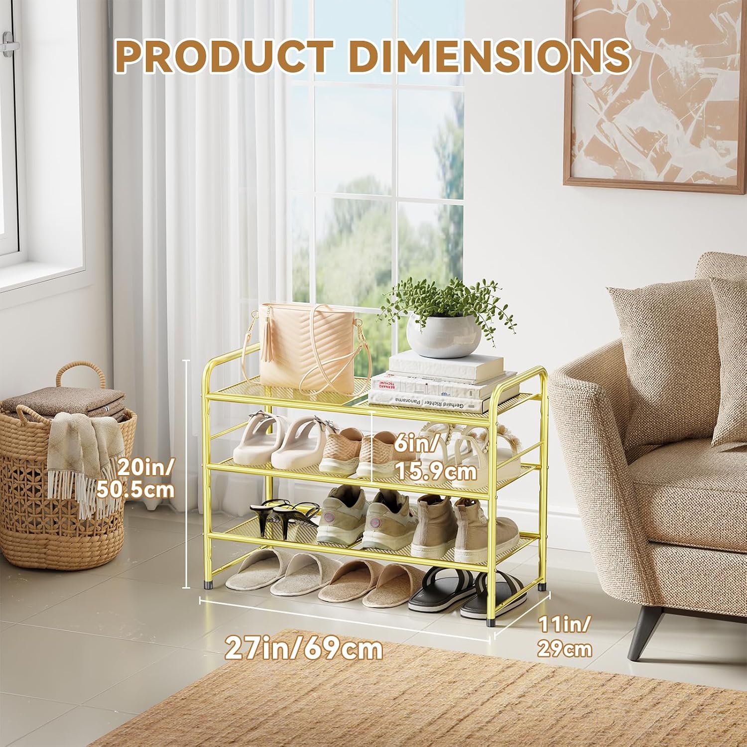 Modern Shoe Rack, 3 Tier Heavy Duty Metal Mesh Shoe Shelf 27 Inch Wide, Gold