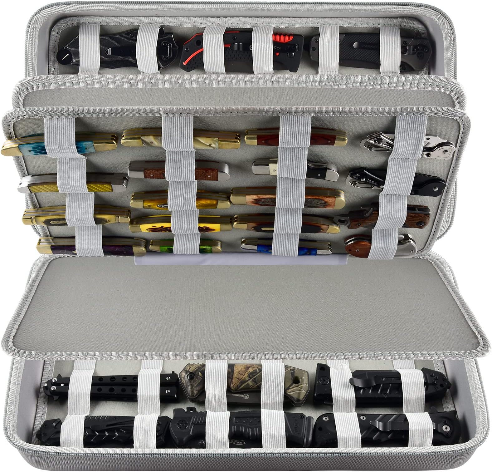 Knife Display Case for 66+ Pocket Knives. Folding Knife Holder, Butterfly Knives Storage Organizer, Knives Roll Collection Pouch Carrier Bag for Survival Tactical Outdoor for EDC Mini Knife -Grey