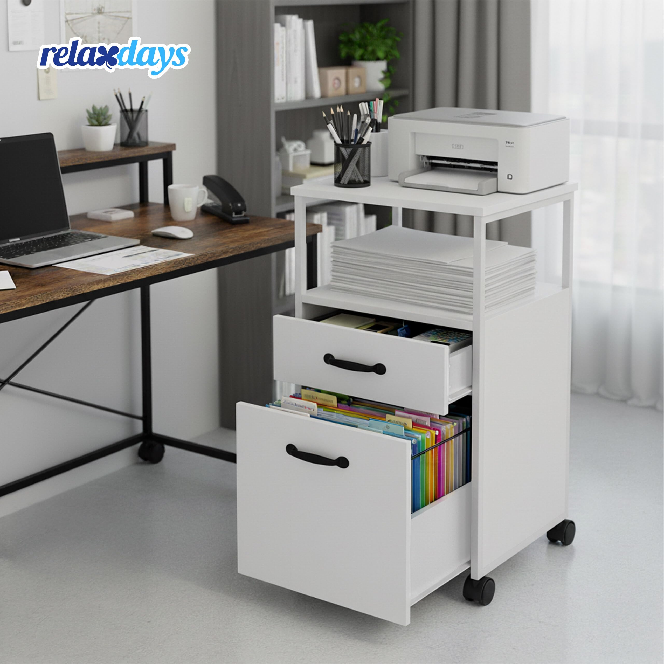 Relaxdays Rollcontainer, 2 Schubladen, Hängeregister, modernes Design, HBT: 66,5 x 42 x 44 cm, Aktenschrank schmal, weiß