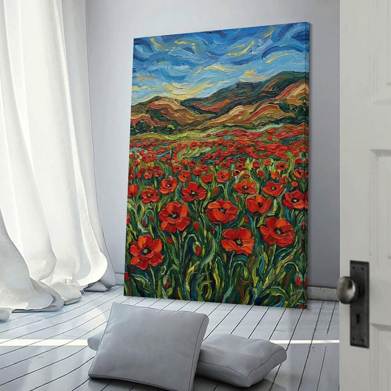 Junmoney Frame-Style-6 Canvas Wall Decor Field Of Poppies Under A Swirling Sky, 24X36inch(60X90cm), For Lounge Decor, Bedroom Walls Or Flats, Eye Catching Artwork For Blank Walls