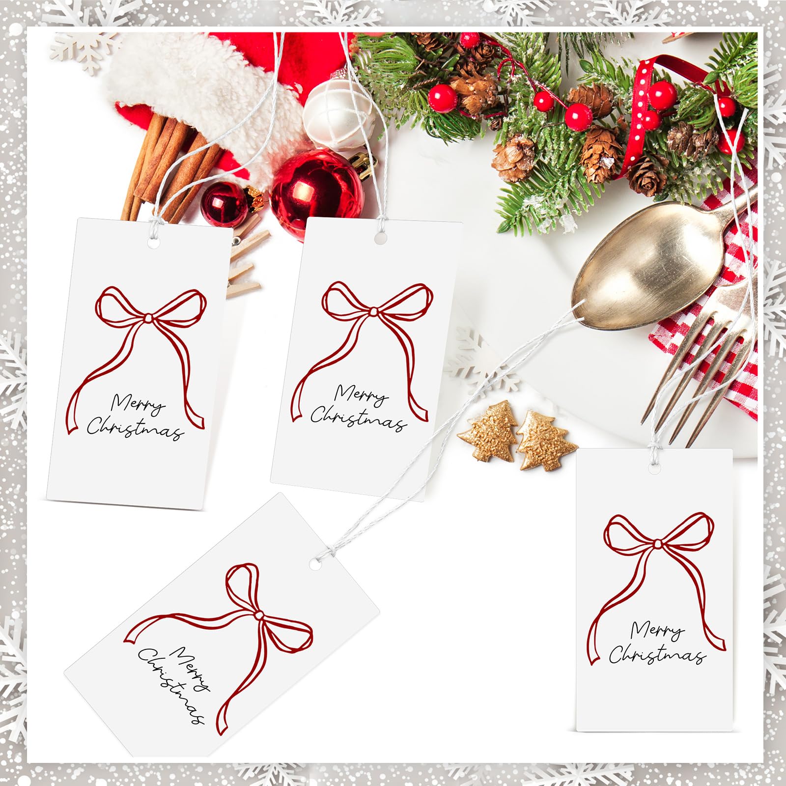 Fuyoooo Weihnachtsgeschenk-Etiketten mit Schnur für Geschenke, Geschenkpapier, Etiketten für Weihnachten, Party, Leckerli, Keksdekoration (Schleife), 100 Stück
