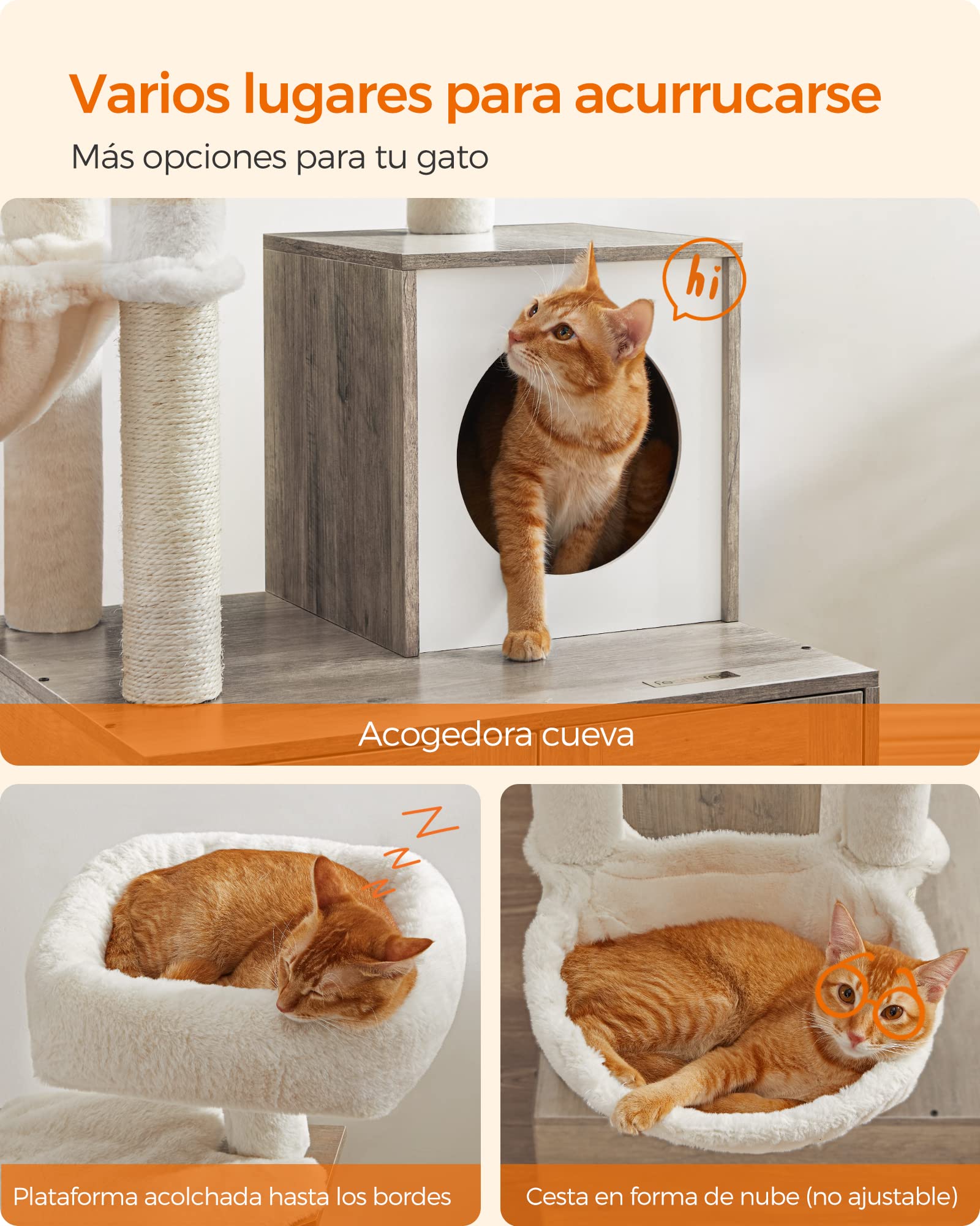 Feandrea Torre Moderna para Gatos 2 en 1, condominio para Gatos con Postes rascadores, Pompones extraíbles, Cojines Lavables, Color Gris PCT113G01