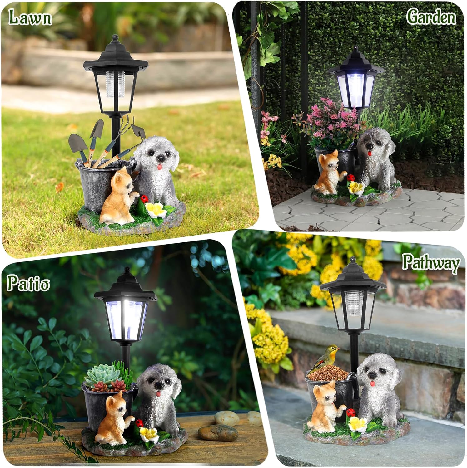 Garden Dog Statue,Resin Teddy & Cat Figurine with Solar LED Light,Flower Pots Planters Pots for Succulent,Outdoor Sculpture for Patio Balcony Yard Lawn Decor,Unique Gift for Dad Mom Grandma - Image 3