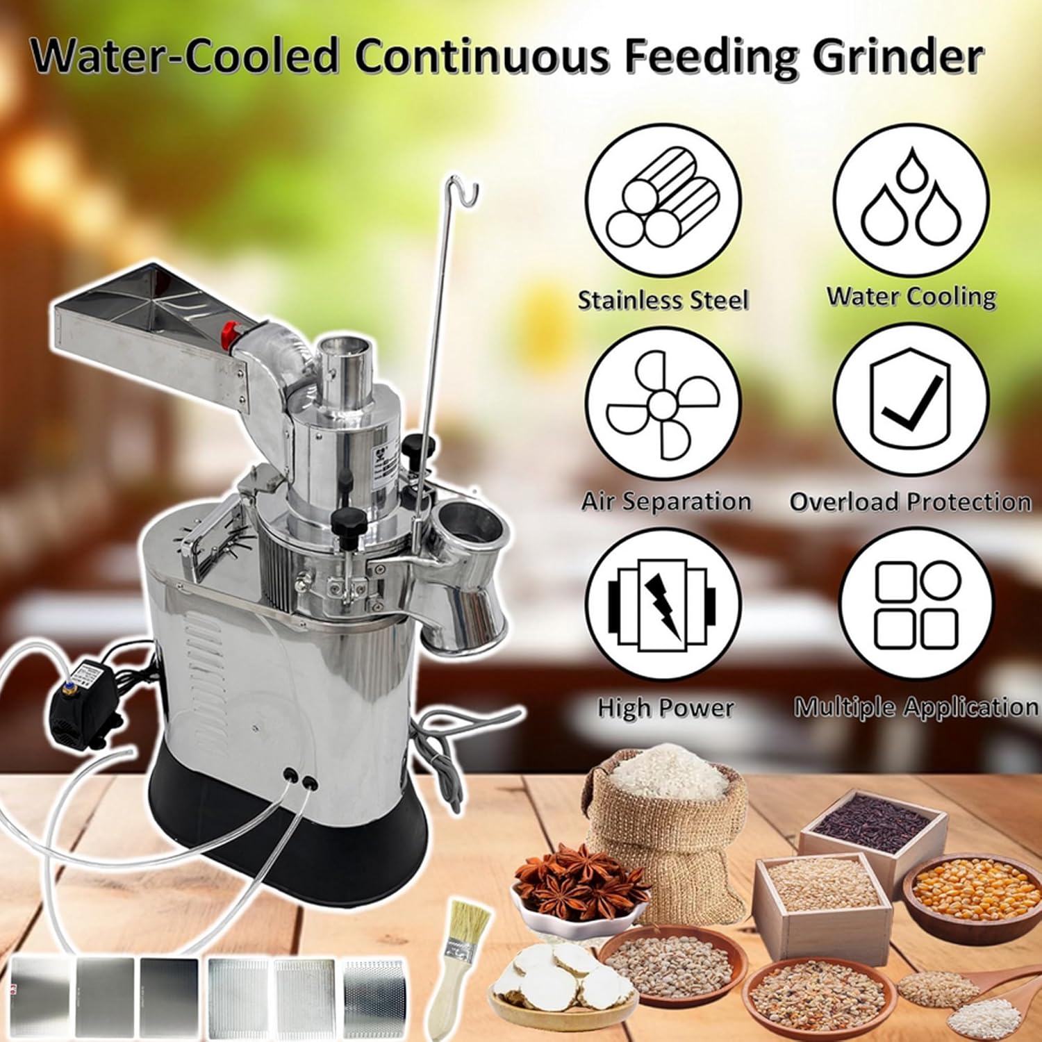 Hammer Mill Grinder Stainless Steel Grain Powder Grinder with 7 Screen Meshes Electric Water Cooled Continuous Feeding Herb Spice Pulverizer 110V Grinding Machine for Dry Material to Powder