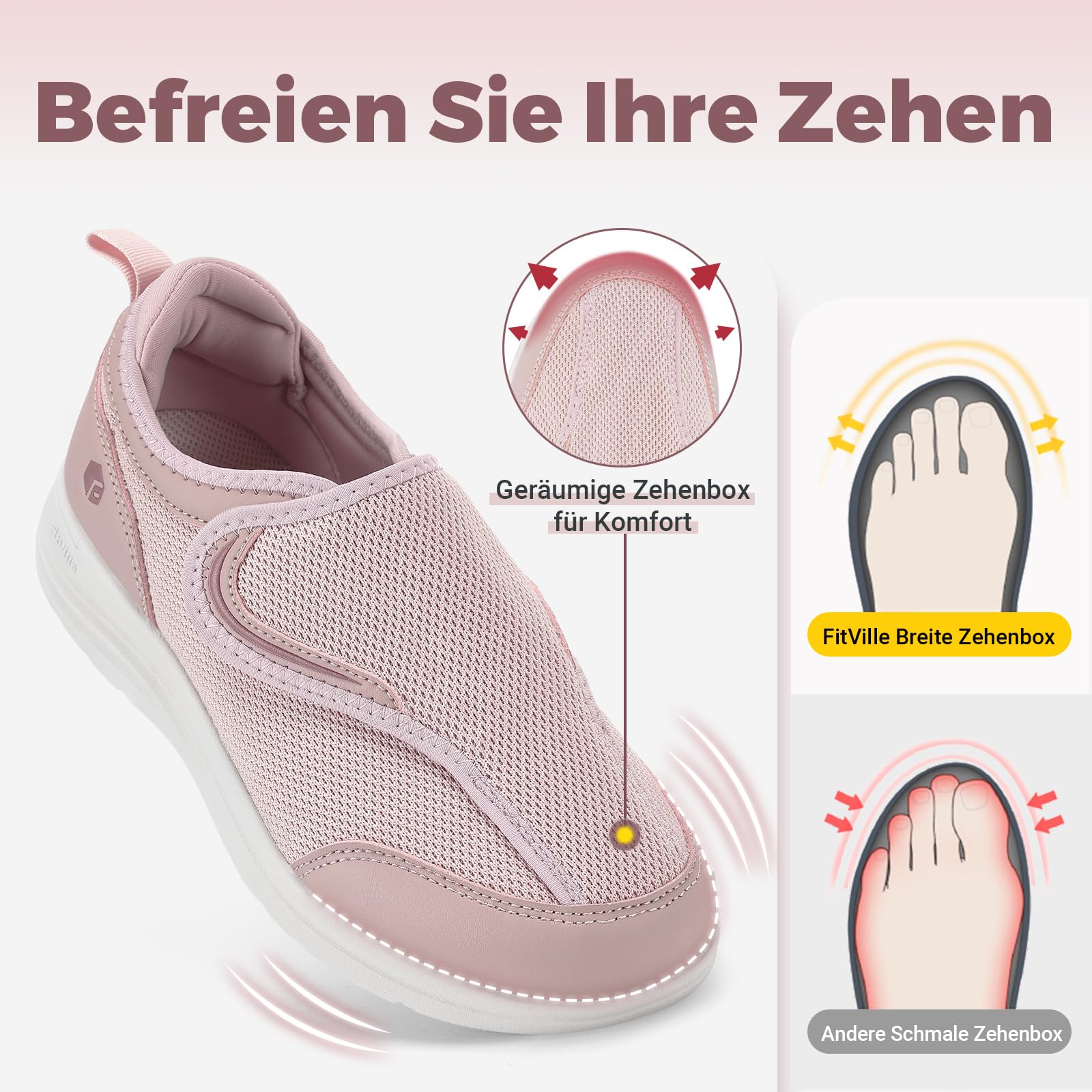 FitVille Extra Weit Senioren Hausschuhe Damen Gesundheitsschuhe mit Klettverschluss Bequeme Sneaker Verbandsschuhe mit Fußgewölbestütze Gr.35.5-42.5