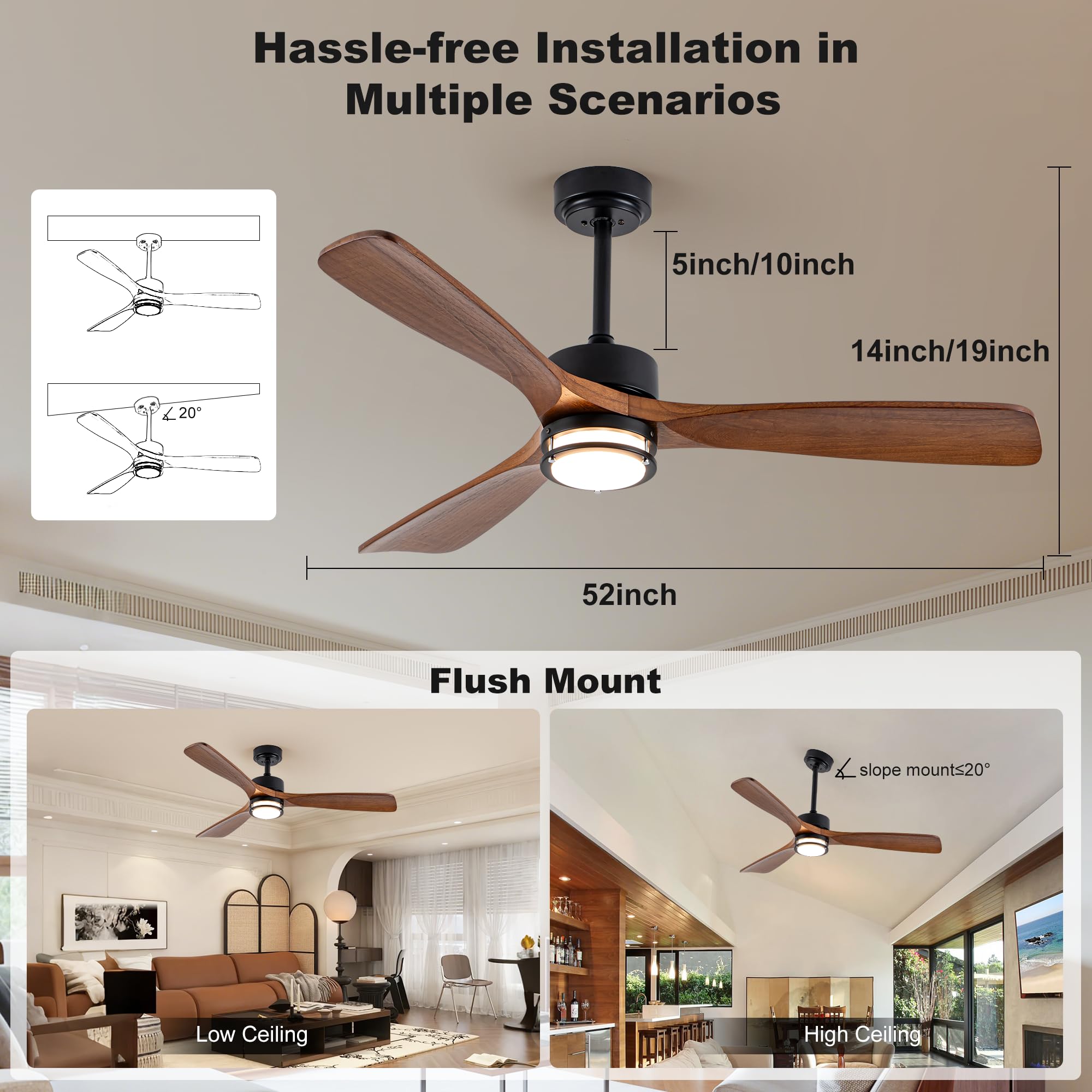 Ventilador de techo para exteriores de 52 pulgadas con luz, 3 hojas de madera maciza de nogal, control remoto, LED regulable de 3CCT, temporizador, motor reversible de 6 velocidades para todo tipo de 7