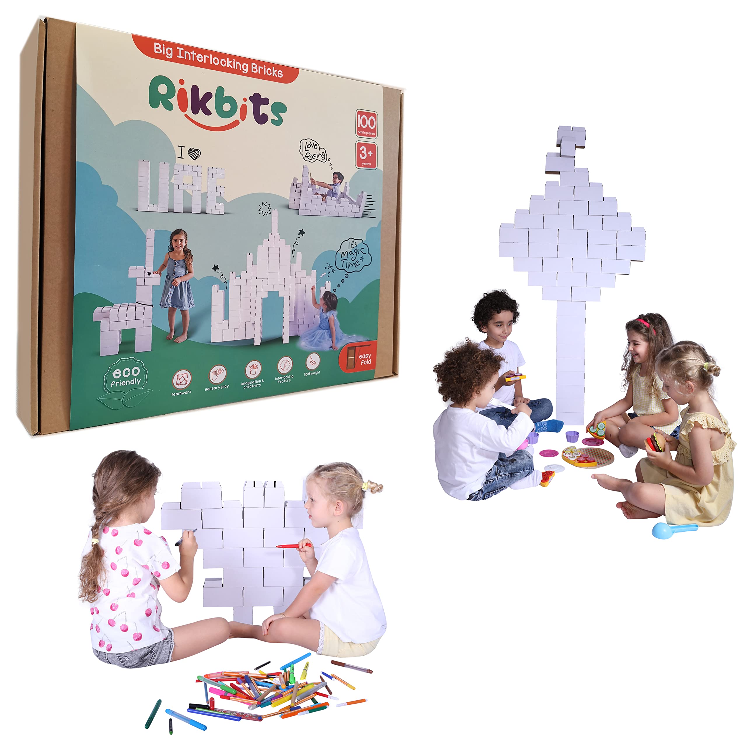 RikbitsJumbo eco-friendly building blocks toys for kids - White color - 100 pieces