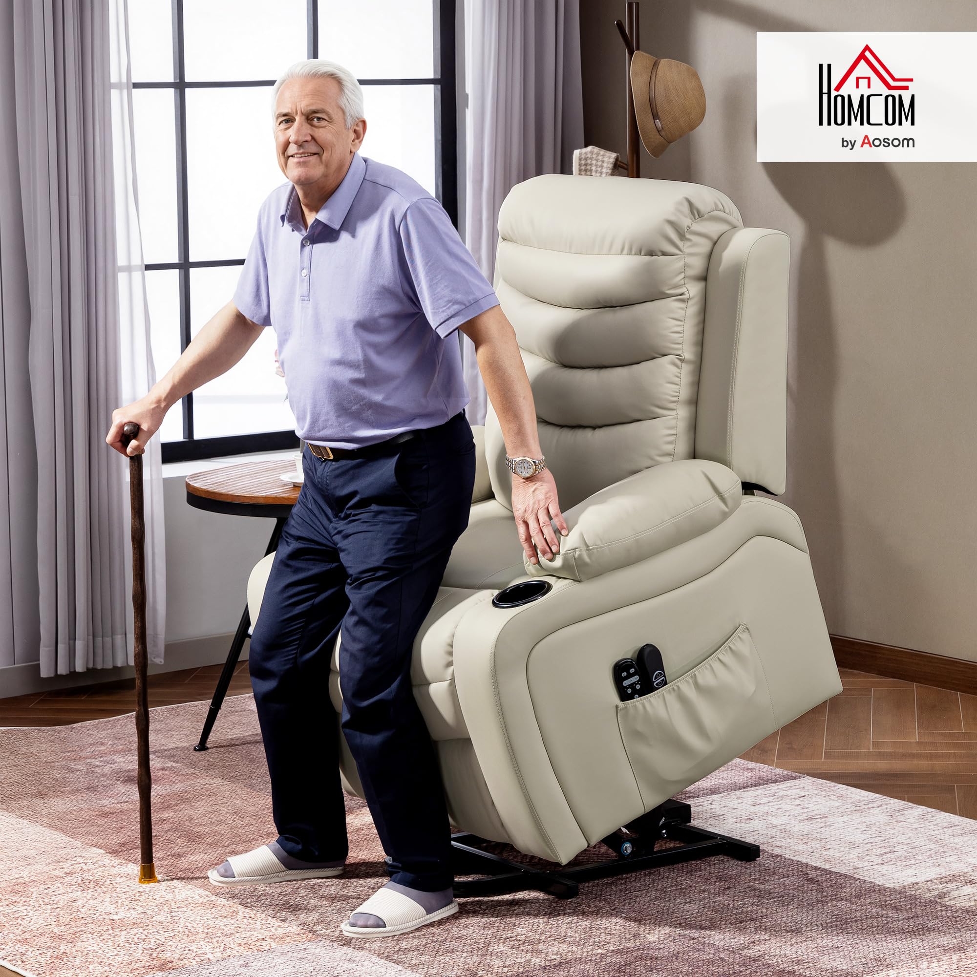 HOMCOM Sillón Relax Reclinable Eléctrico Levanta Personas, con Masaje Vibratorio y Calor, Sillón Elevador, con Puerto USB, Control Remoto, Reposapiés, Tapizado en PU, Bolsillos, Portavasos, Crema