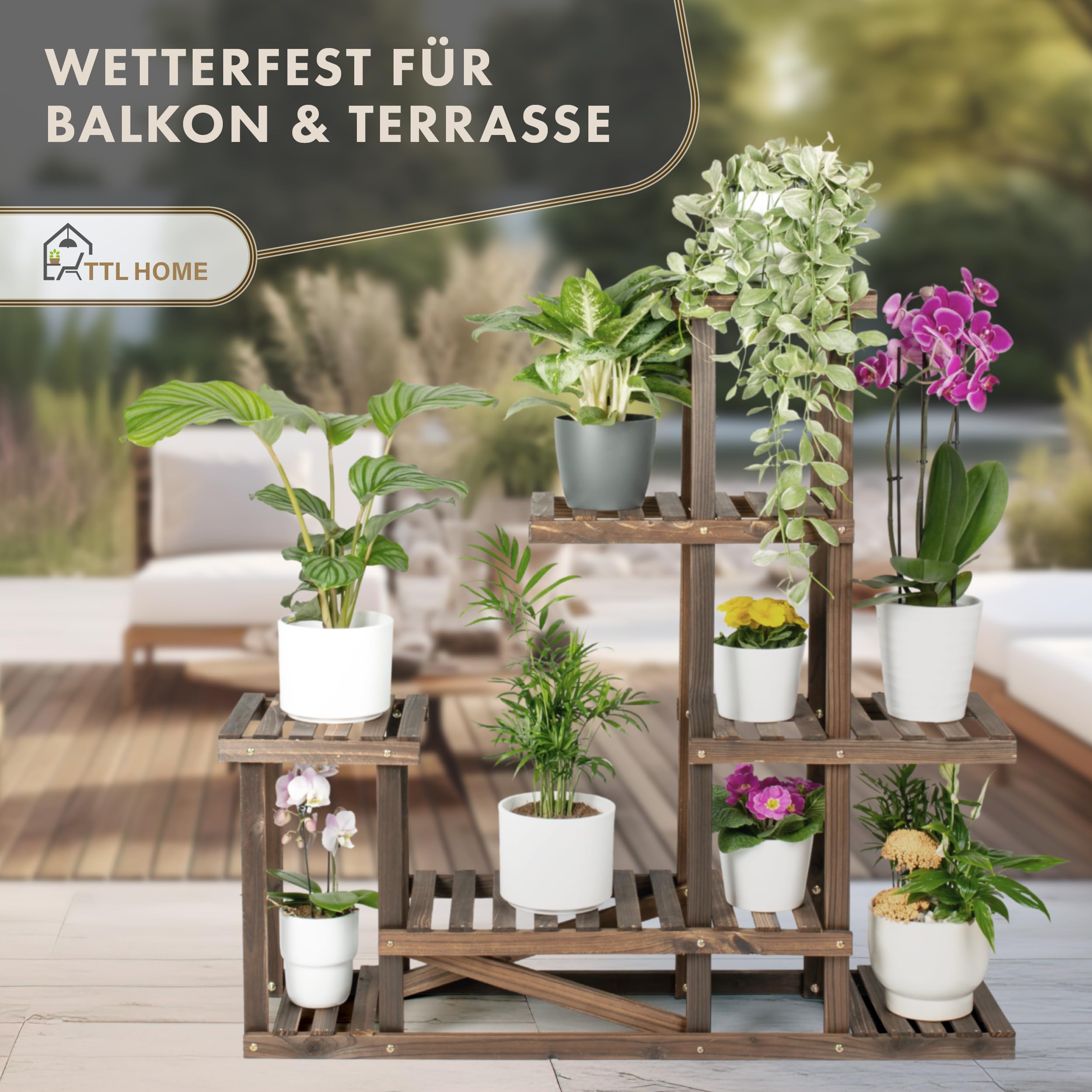 Pflanzenregal SKYLINE 2er Set - 96 x 97 x 25 cm Natur Holz braun | - Pflanzentreppe Blumenbank 96cm hoch 7 Plattformen auf 5 Ebenen Blumenregal Regal Blumentreppe innen & außen Balkon Terrasse