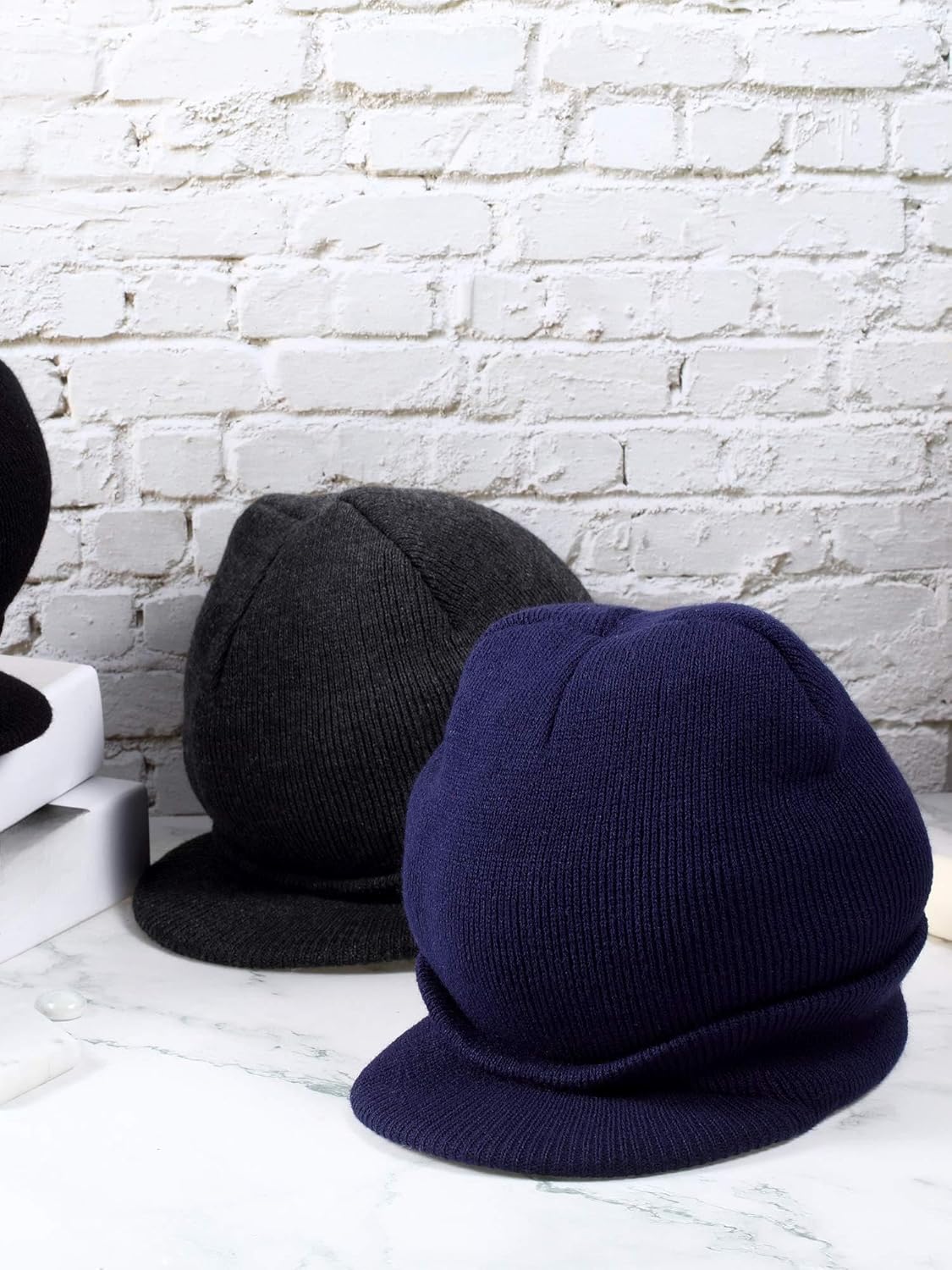 Geyoga 3 Pieces Winter Beanie Hat with Brim Knit Visor Beanie Caps Warm Double Layered Knitted Brim Hat with Visor for Men - Image 5