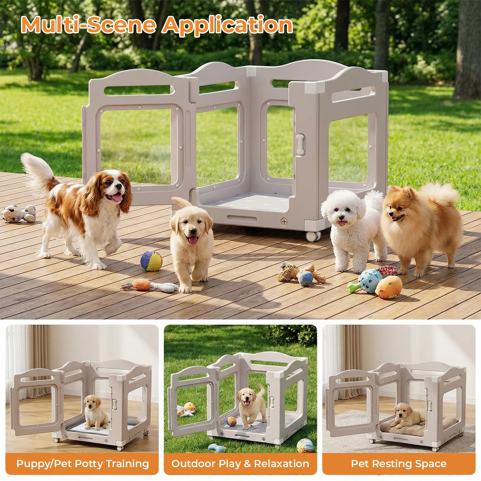 MAMIZO Parque para Perros Acrílico 63 × 68 cm, Recinto Perros con Ruedas | 3+1 PCS Paneles Caja de Parto para Animales con Alfombra Impermeable y Base, Gris Cálido