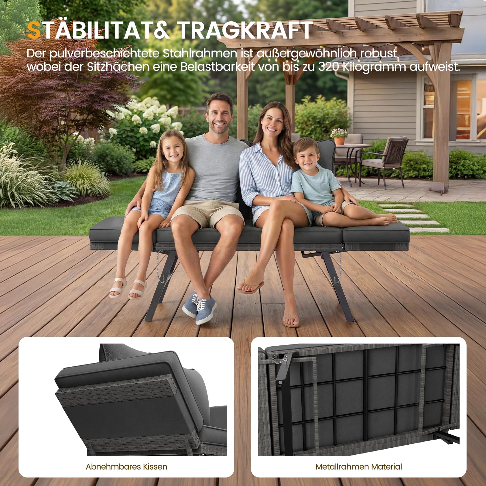 UDPATIO Polyrattan Gartenbank Wetterfest mit Liegefunktion Balkonsofa 3 in 1 Verstellfunktion mit Extra Dicke Sitzpolstern & Kissen für Garten, Balkon,Terrasse - Grau-meliert & Grau Bezüge