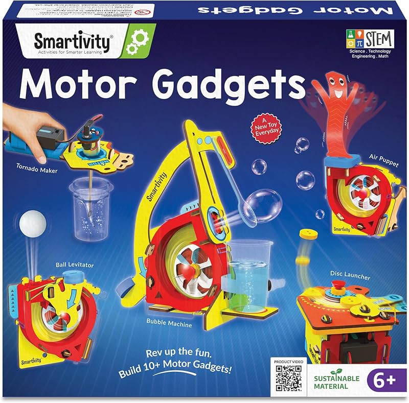 Smartivity 10-in-1 Motor Powered Gadgets Kit for Kids 6-12 | Build 10+ Science Projects - Bubble Launcher, Spinning Toy & More | STEM Kit | Birthday Gift for Boys & Girls