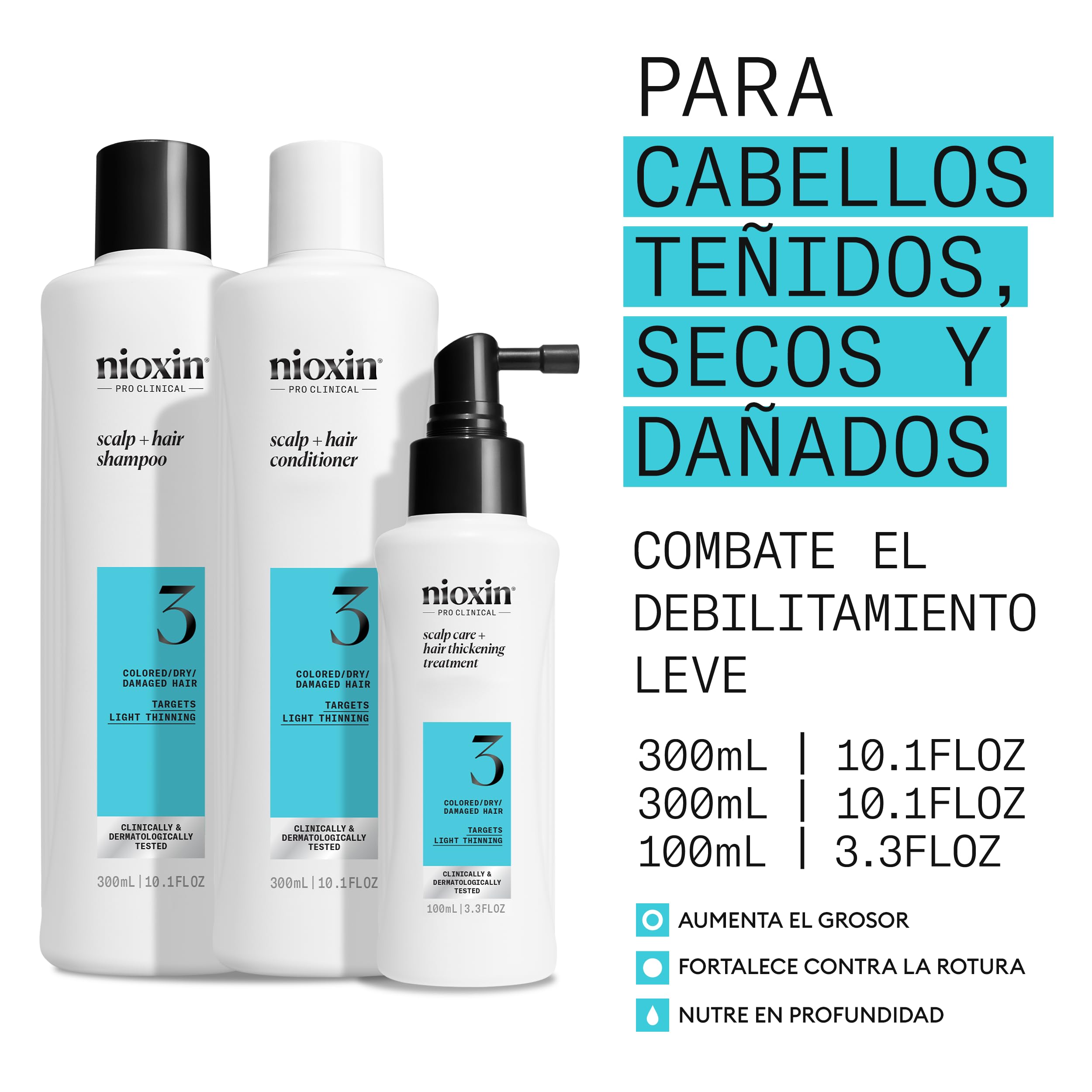 Nioxin Sistema 3 Champú Acondicionador Tratamiento Cabello Teñido Dañado Debilitamiento Leve