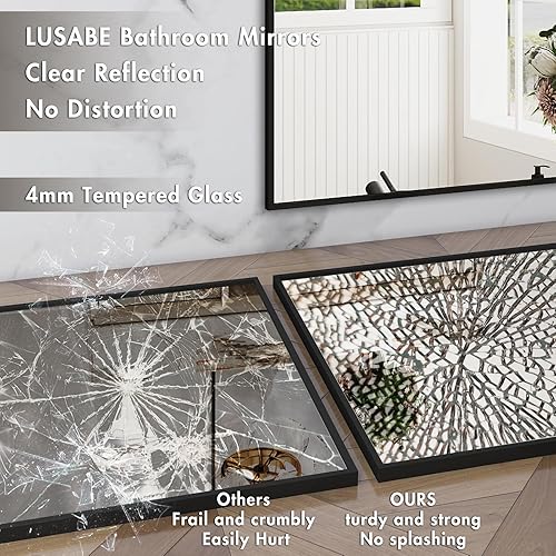 Miniatura 3 de LUSABE Espejo de baño con marco negro de 48 x 32 pulgadas, espejo de tocador de baño negro mate, espejo de pared rectangular grande, antioxidante,