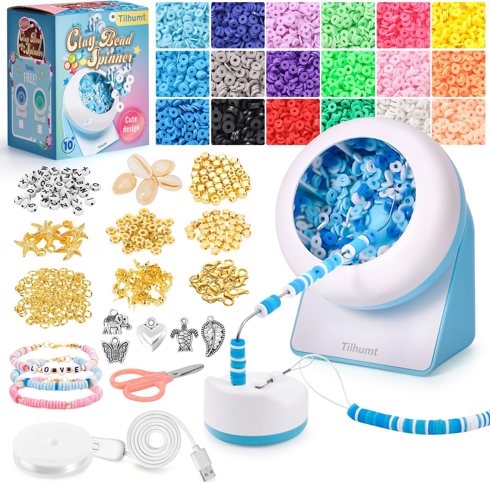 Tilhumt Clay Bead Spinner Kit, 3600 PCS Electric Bead Spinner for Jewelry Making with 18 Colors Clay Beads and Beading Accessories for Making Waist, Bracelets or Necklaces(Patented), Blue