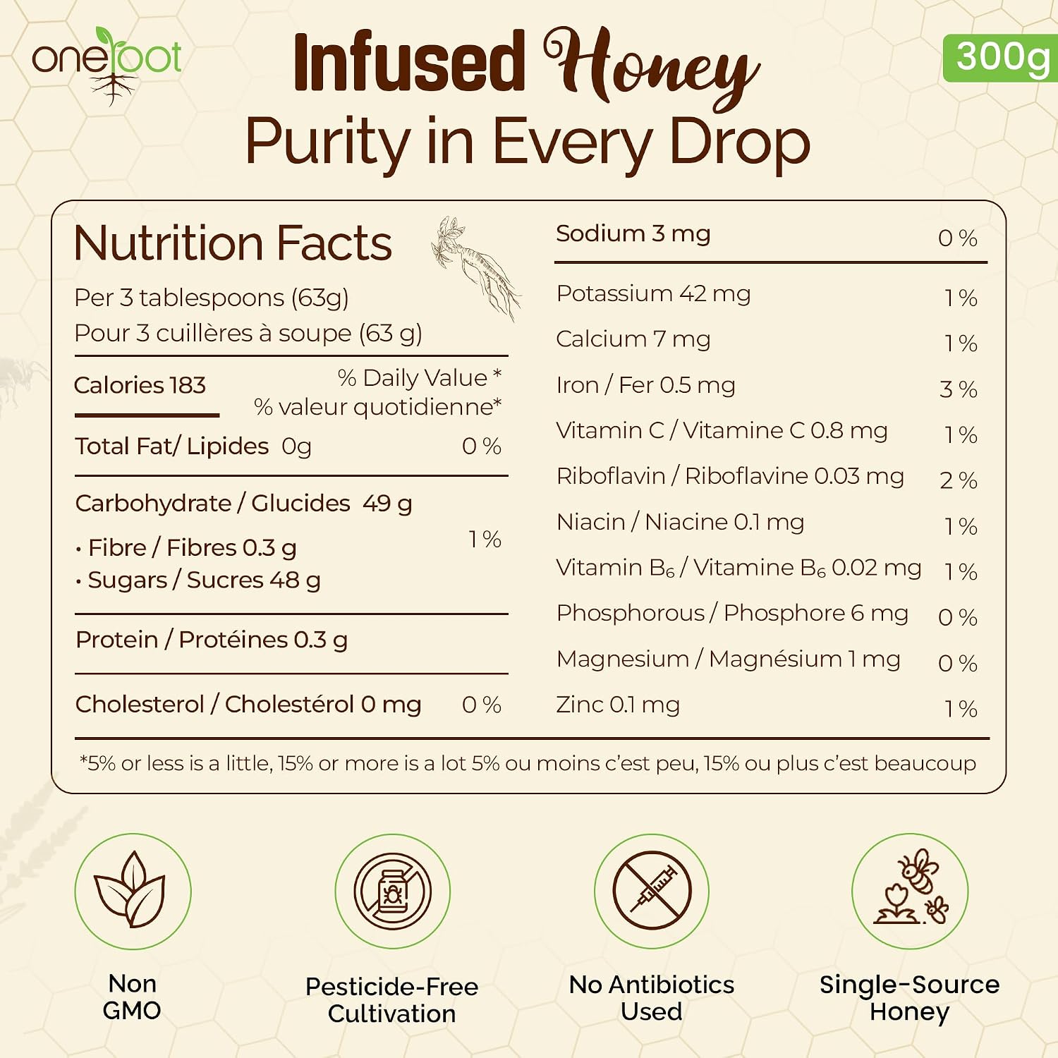 OneRoot Organic Ginseng Infused Honey – 300g / 10.6oz – Pure & Unheated – With Organic Canadian Ginseng Root – Raw Unfiltered Honey